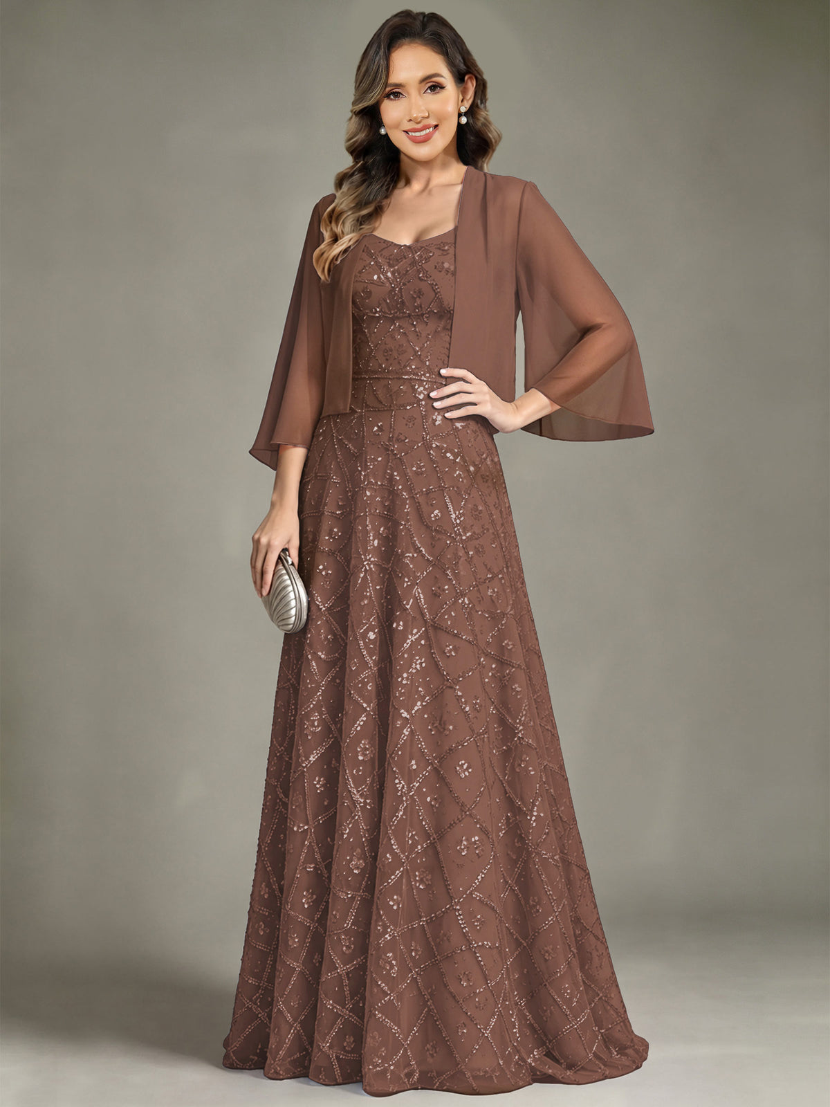 2 Pieces Sequin Long Mother of The Bride Dress with Jacket