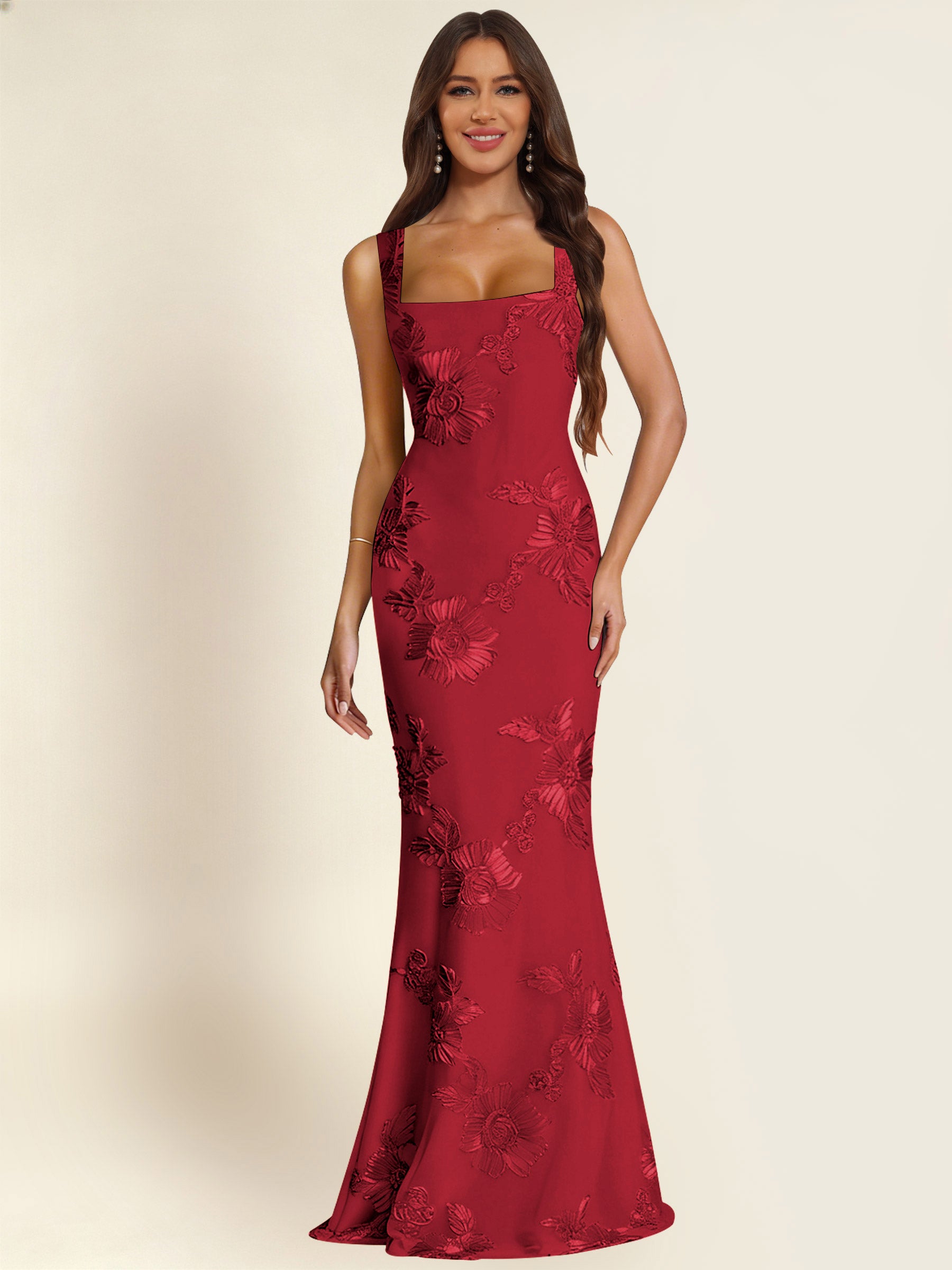 ROVDESY Square Neck Floral Applique Mermaid Long Prom/Bridesmaid Dress