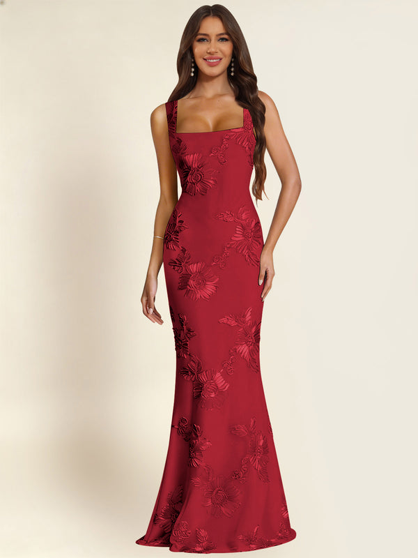 Square Neck Floral Applique Mermaid Long Prom/Bridesmaid Dress