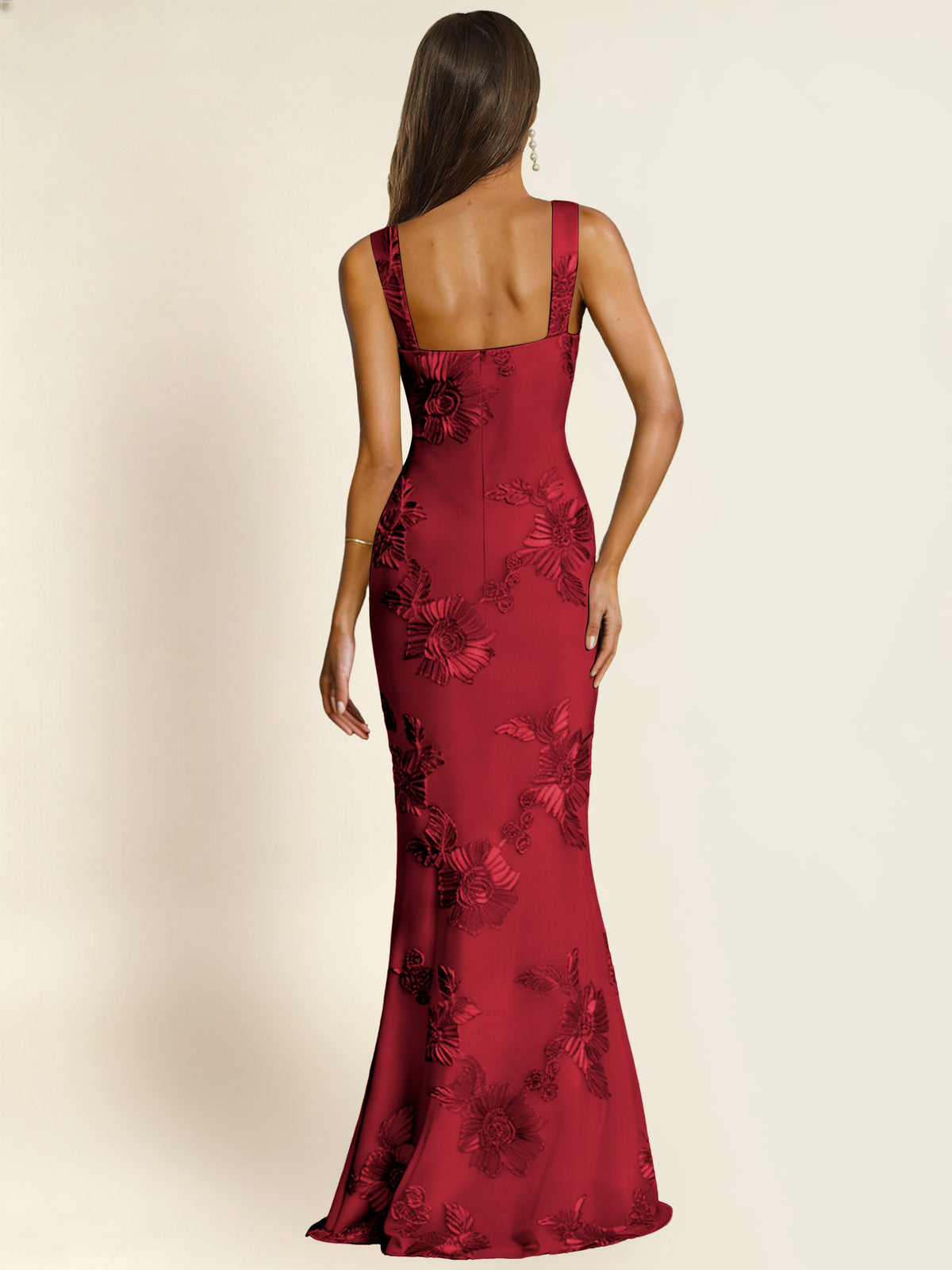 ROVDESY Square Neck Floral Applique Mermaid Long Prom/Bridesmaid Dress
