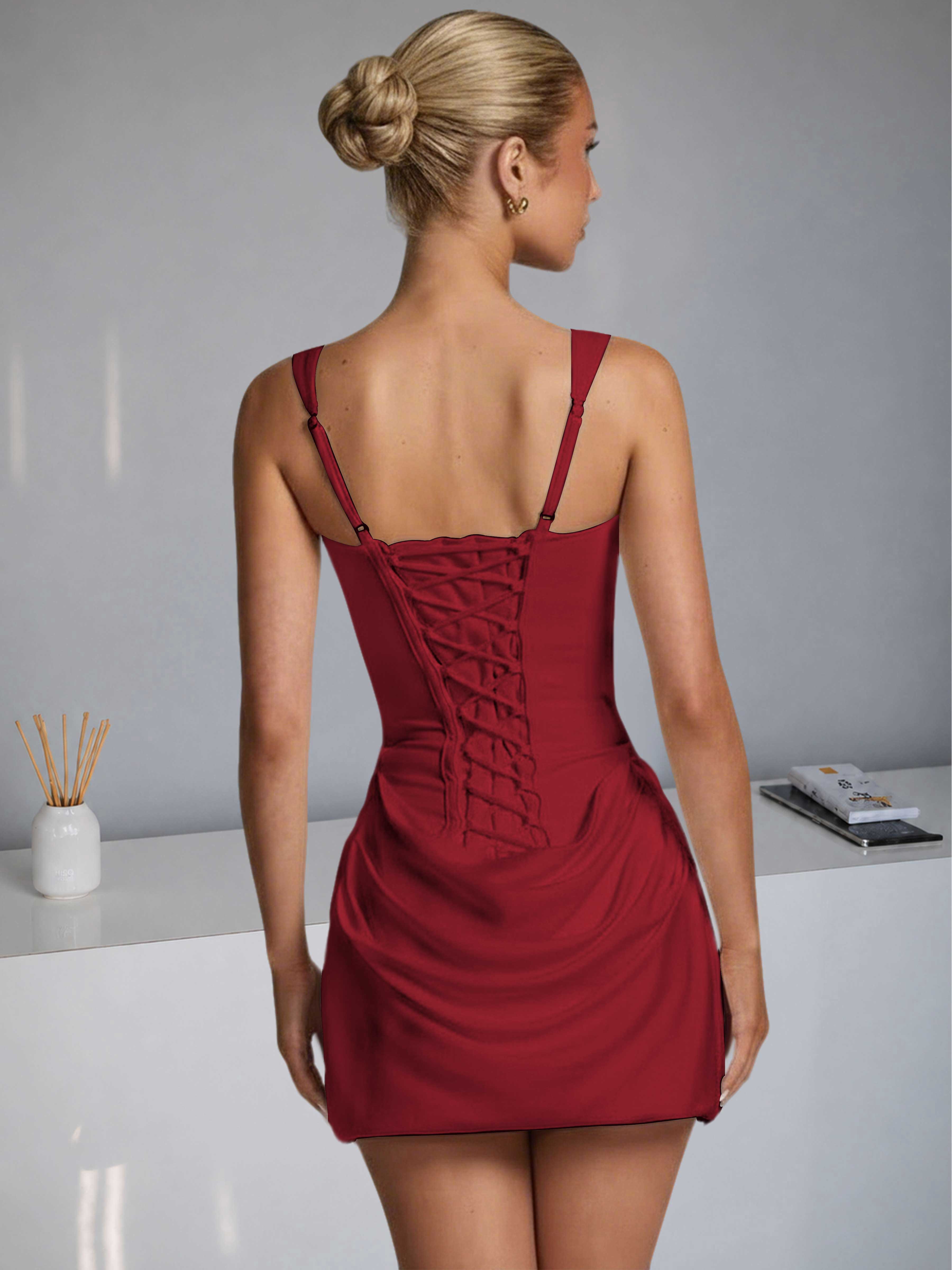 ROVDESY Square Neck Ruched Satin Homecoming Mini Dress