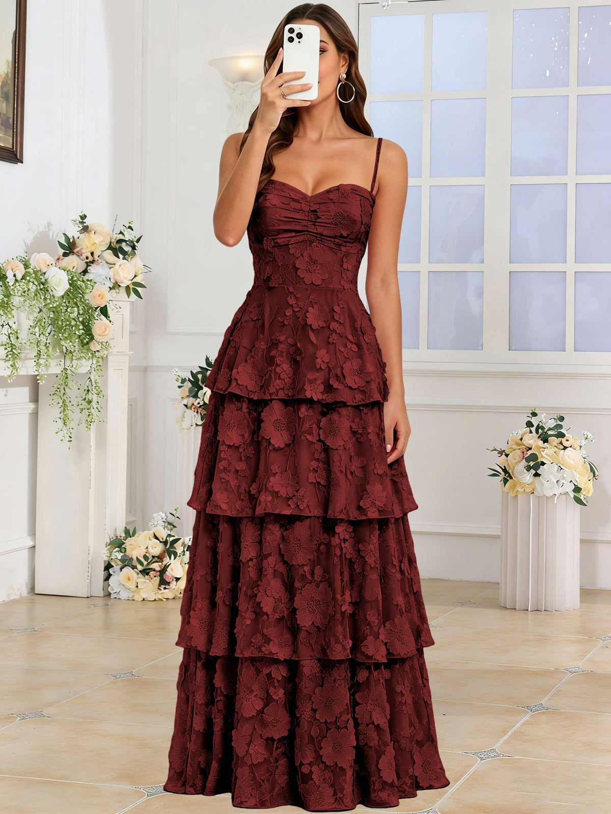 Spaghetti Strap 3D Floral Tiered Tulle Formal Prom Dress