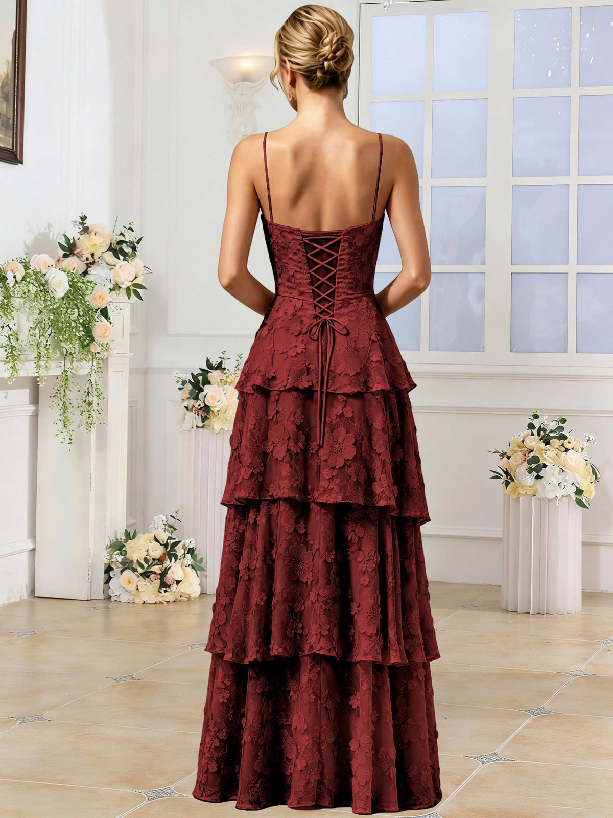 Spaghetti Strap 3D Floral Tiered Tulle Formal Prom Dress