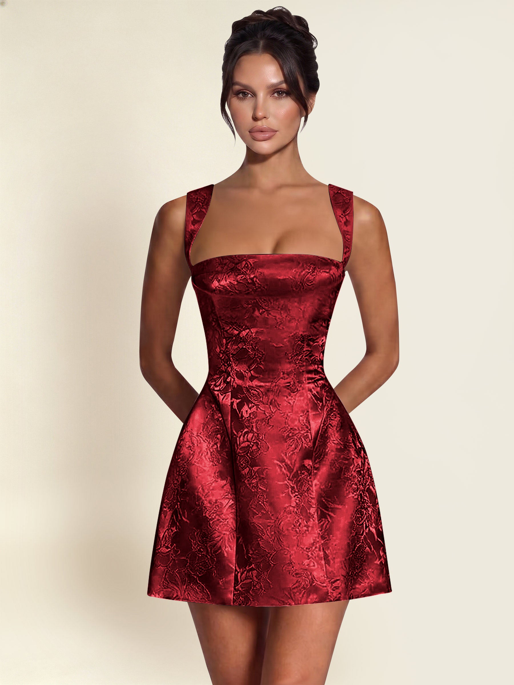 ROVDESY A-Line Square Neck Jacquard Satin Homecoming Mini Dress