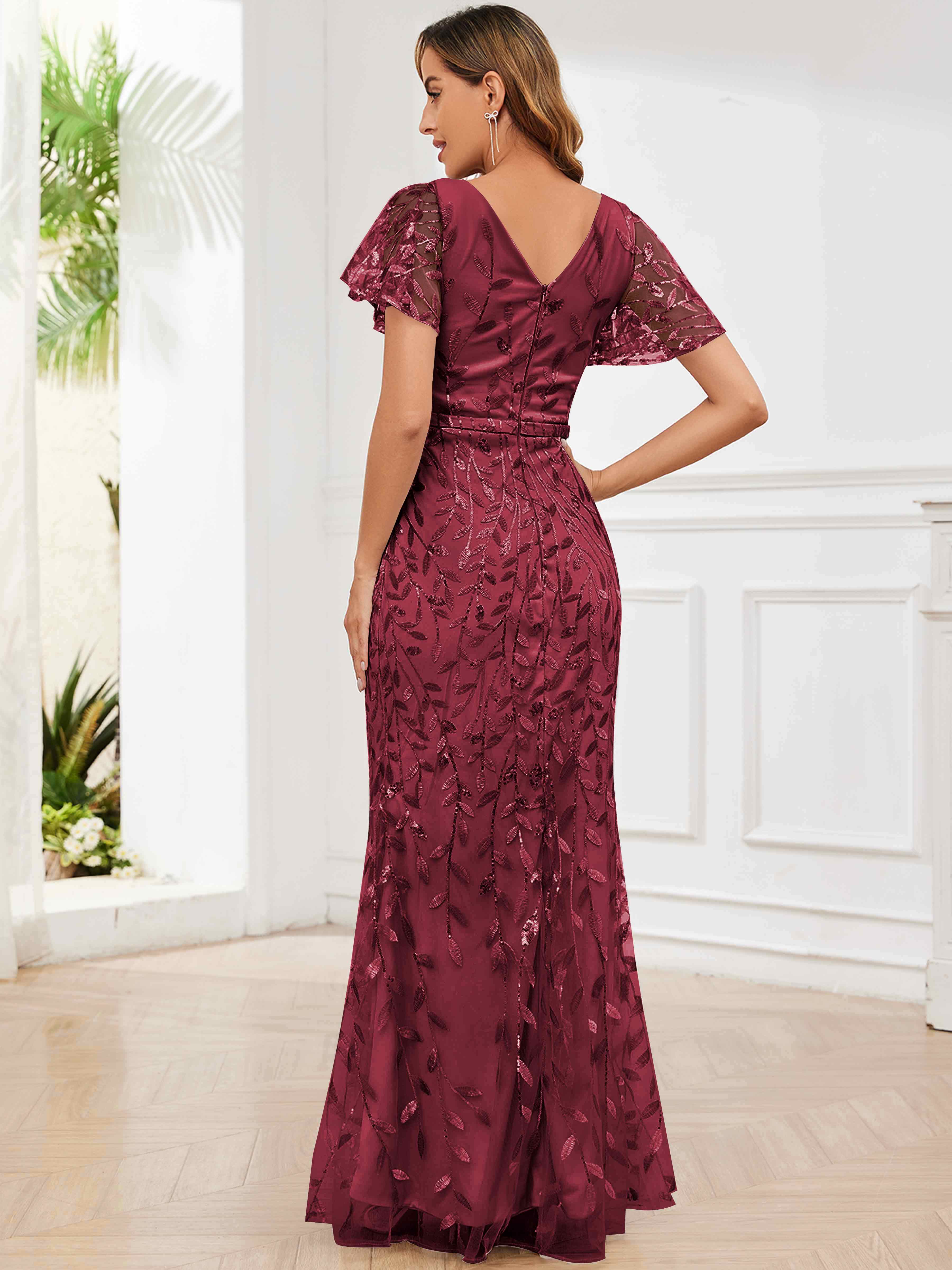 ROVDESY V-Neck Mermaid Sequin Mother Of The Bride Dress With Short Sleeves
