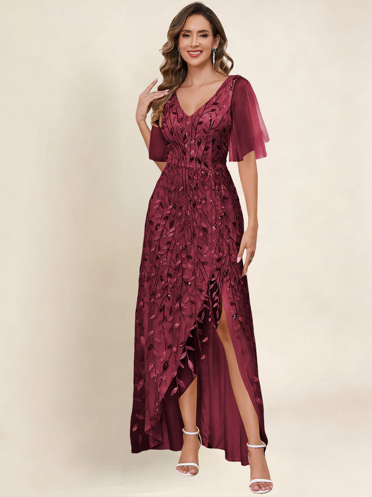 V Neck Sequin Tulle A Line Mother of the Bride Dress with Sleeves