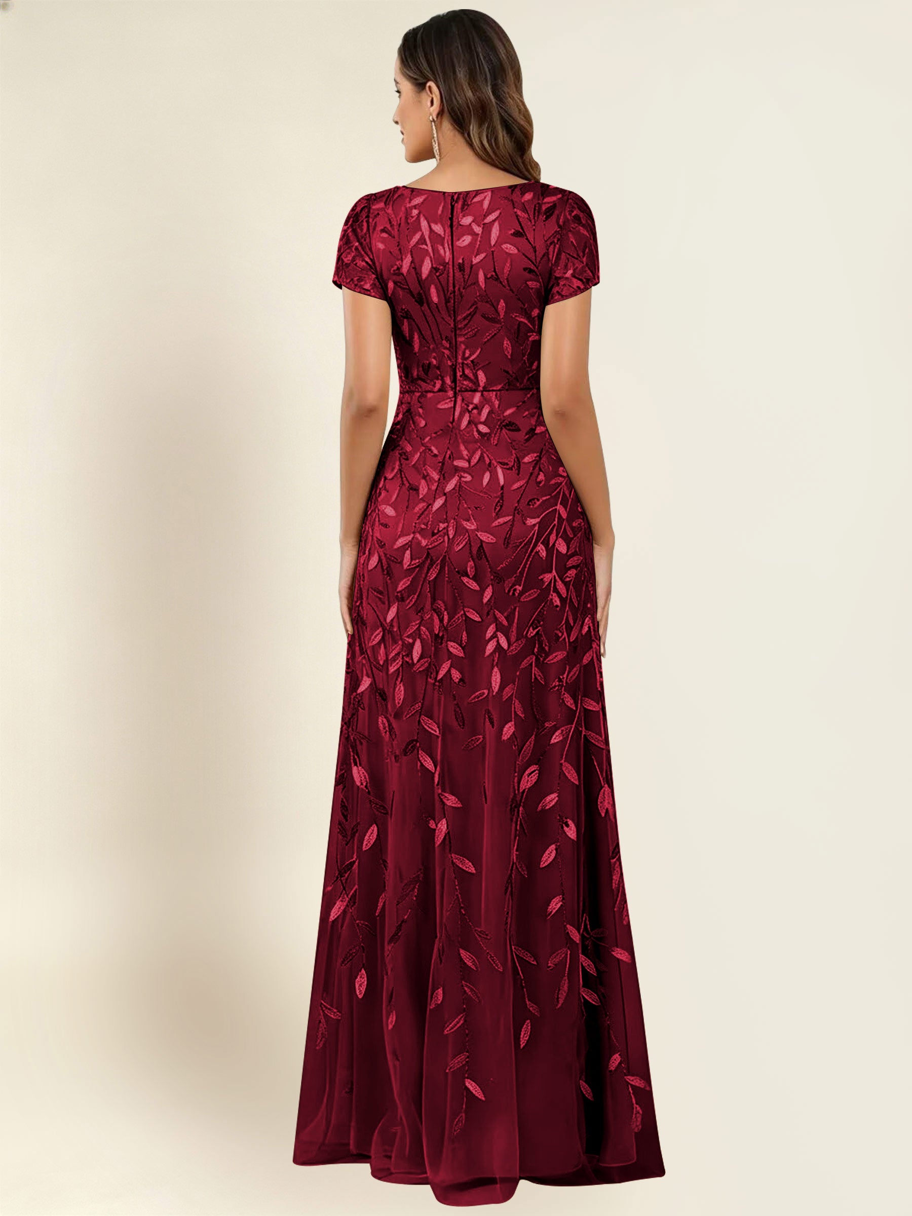 ROVDESY Sequin Mermaid Long Mother Of The Bride Dress With Short Sleeves Formal Gown
