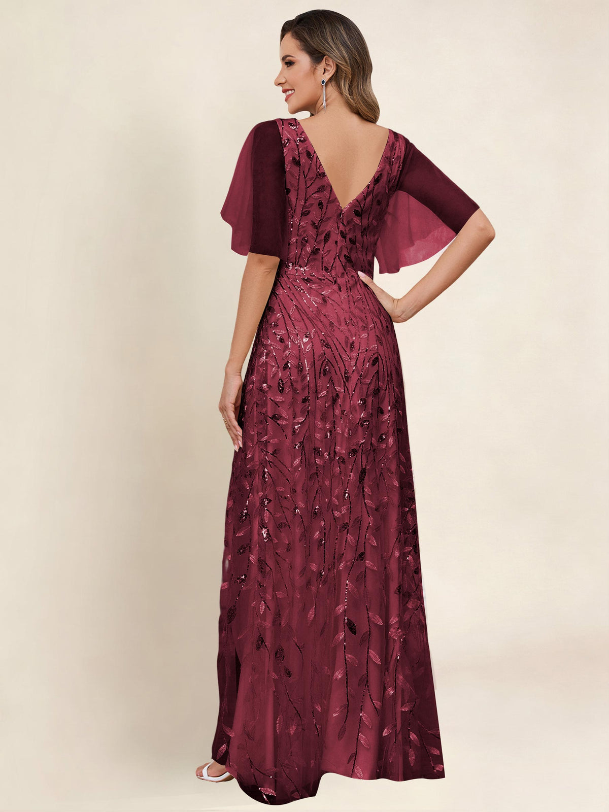 V Neck Sequin Tulle A Line Mother of the Bride Dress with Sleeves