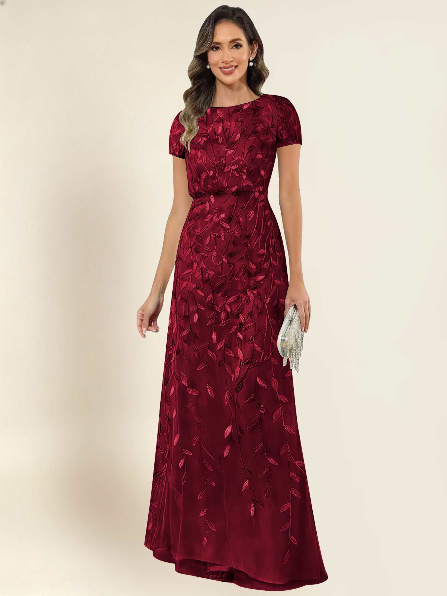 ROVDESY Sequin Mermaid Long Mother Of The Bride Dress With Short Sleeves Formal Gown