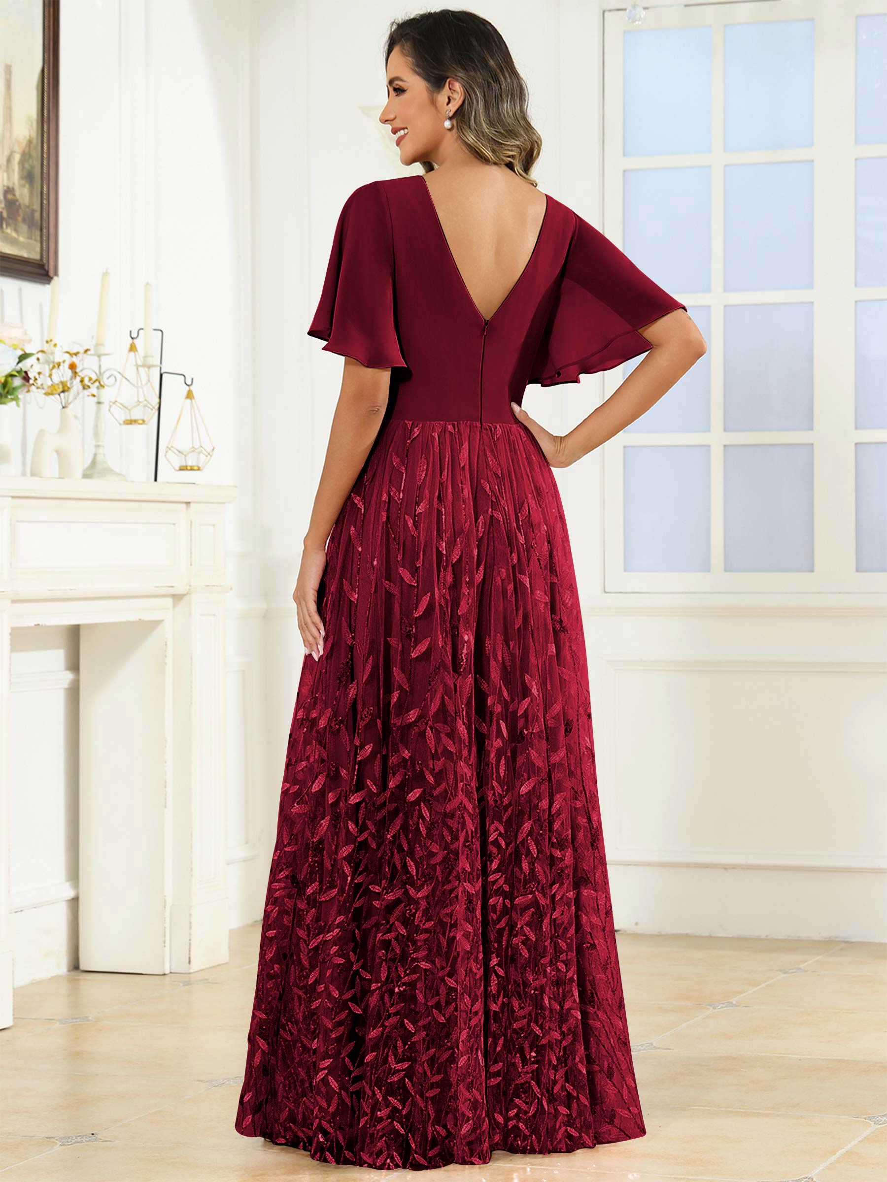 ROVDESY A-Line V-Neck Chiffon Sequin Mother Of The Bride Dress With Short Sleeves