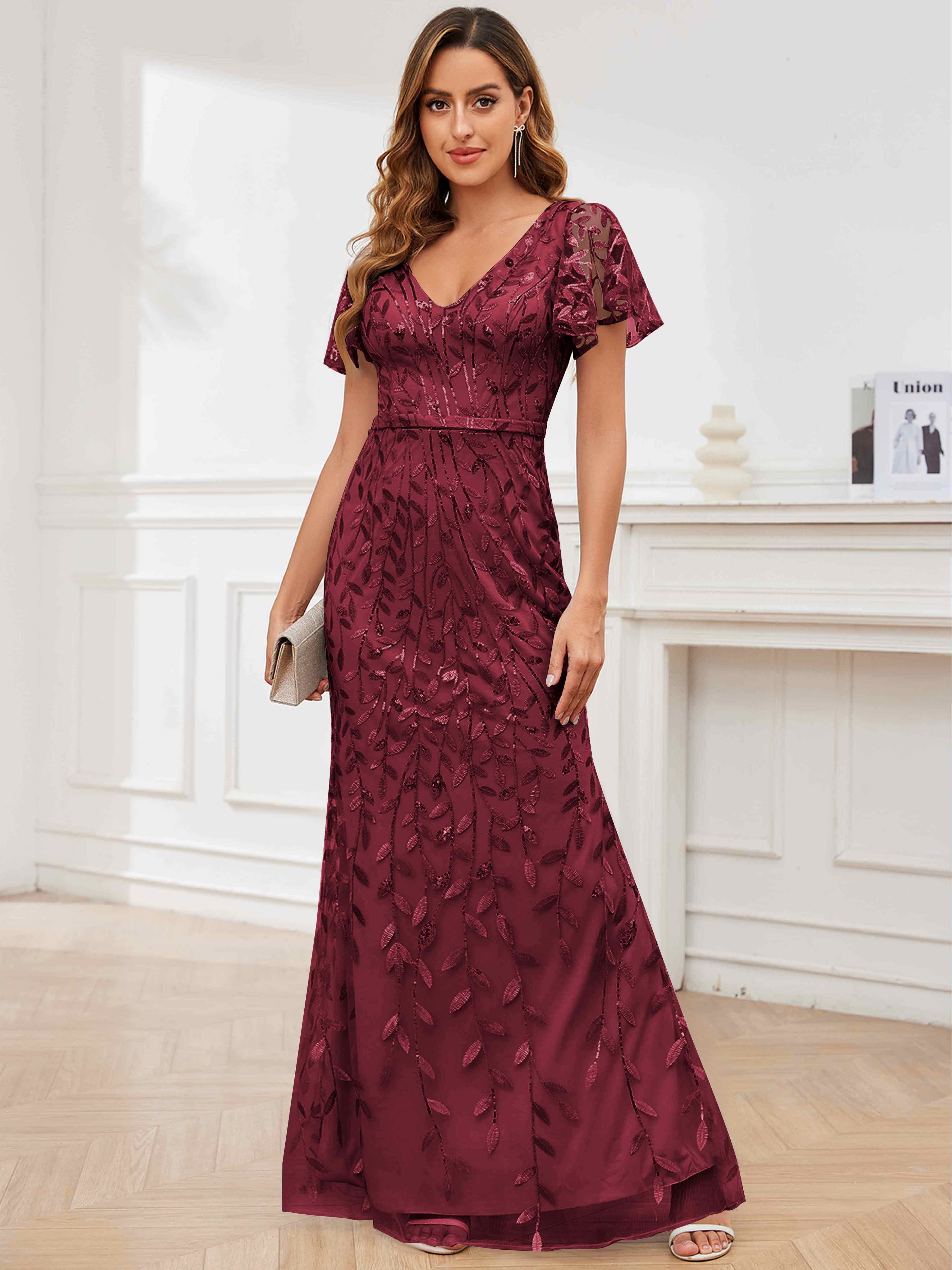 ROVDESY V-Neck Mermaid Sequin Mother Of The Bride Dress With Short Sleeves