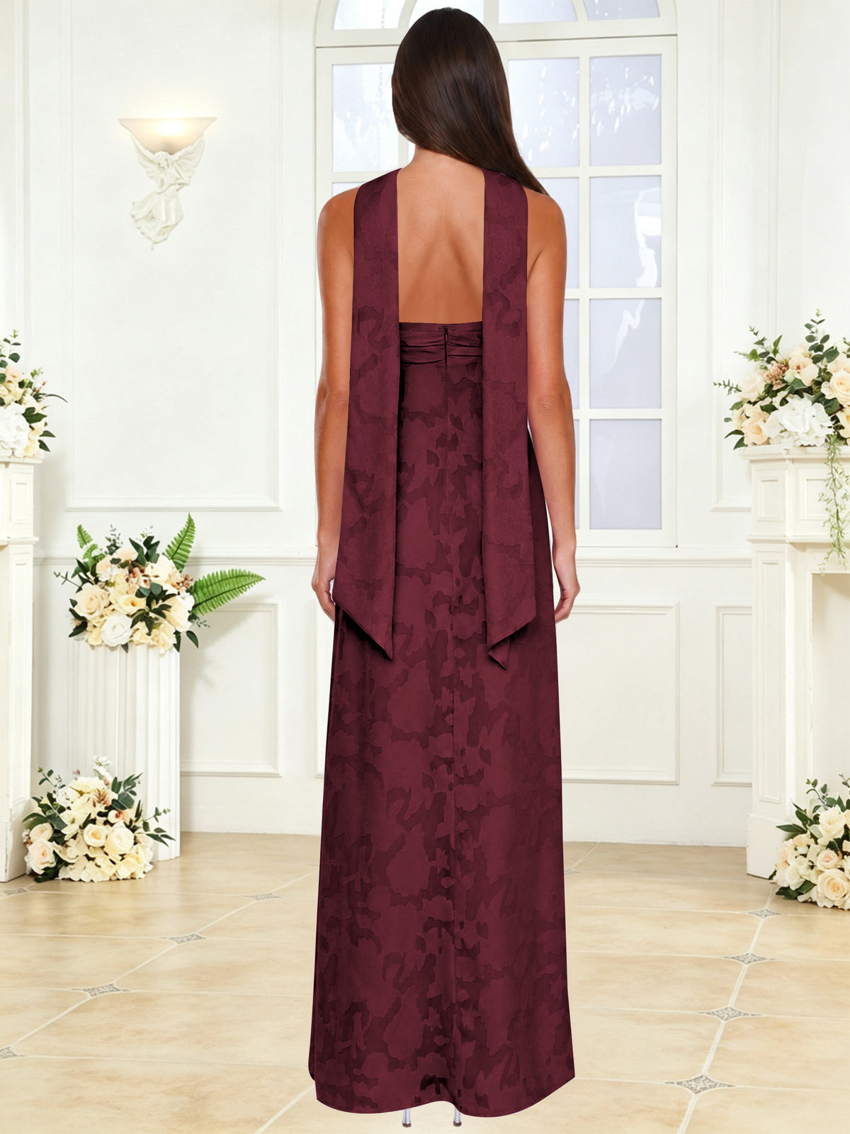 Spaghetti Strap Ruched Floral Jacquard A Line Bridesmaid Dress with Scarf