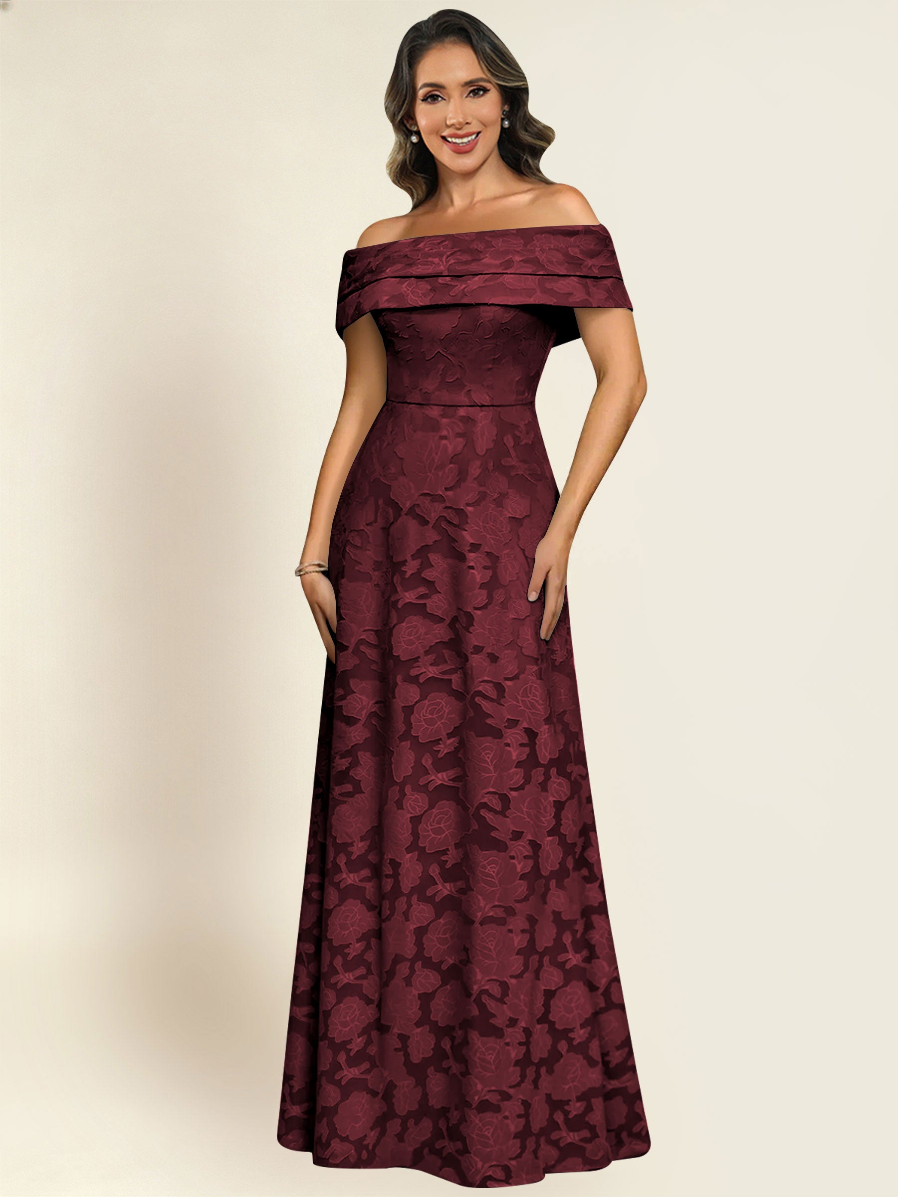 ROVDESY Off the Shoulder Floral Jacquard A-Line Long Mother of the Bride Dress