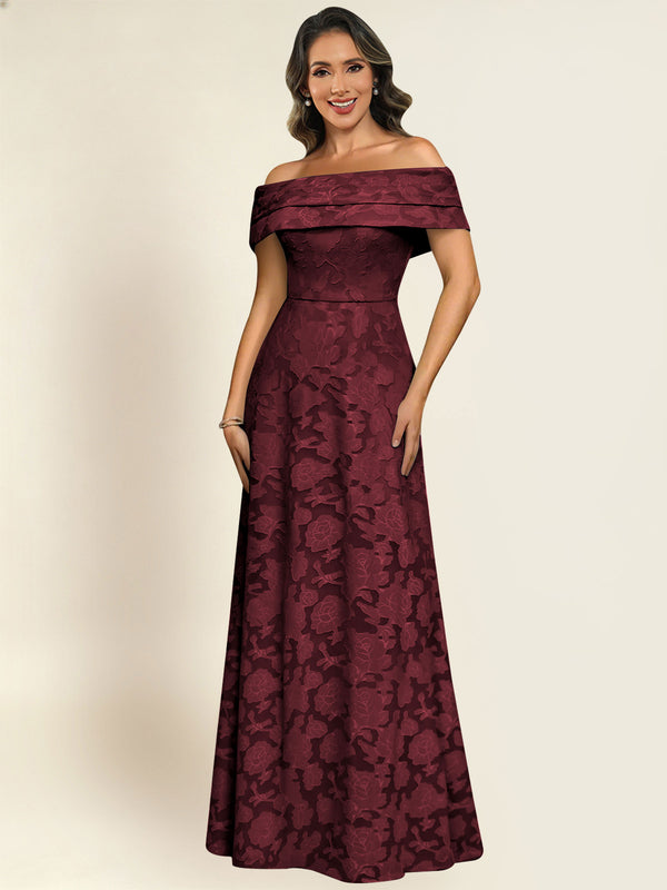 Off the Shoulder Floral Jacquard A-Line Long Mother of the Bride Dress