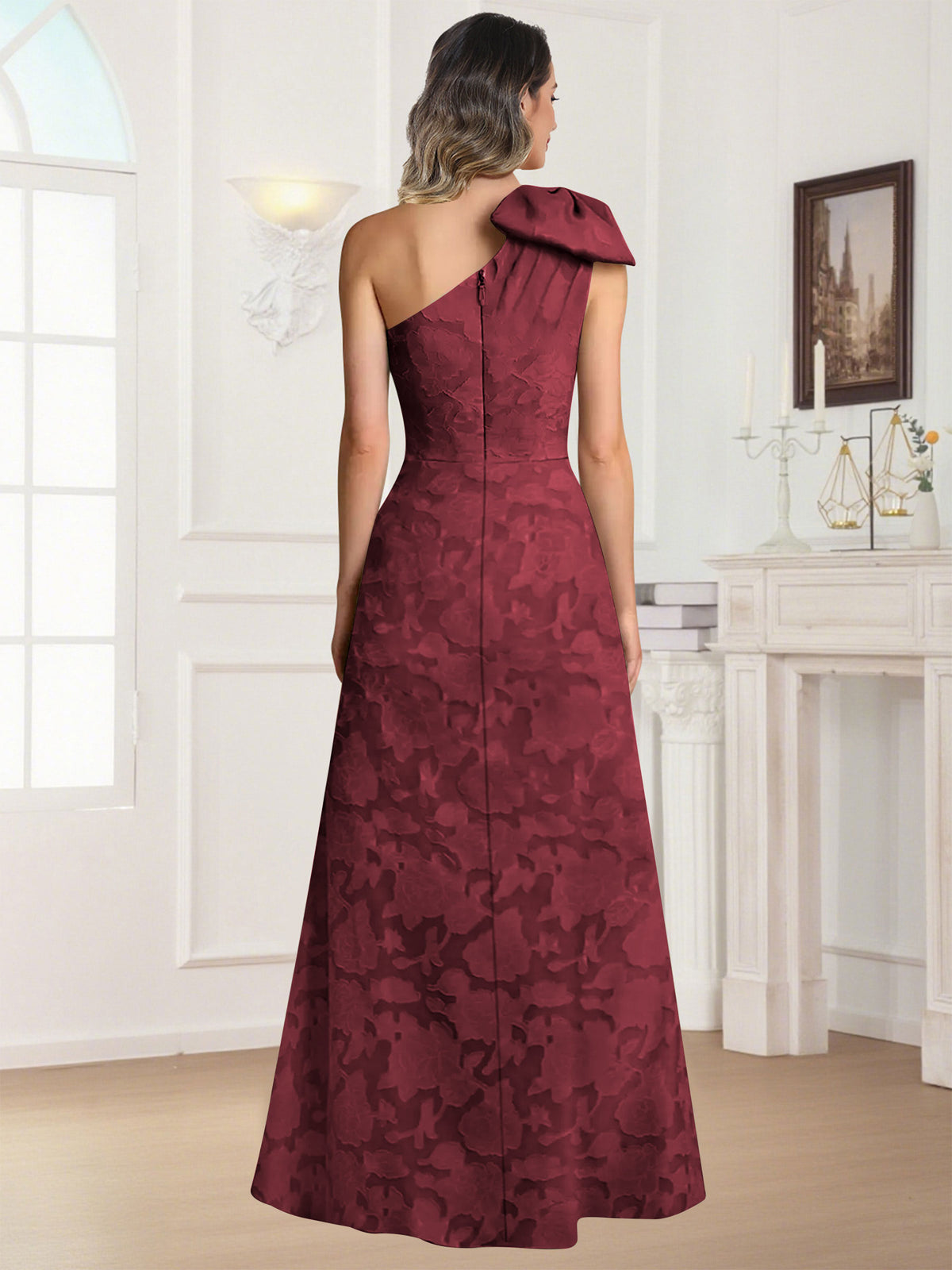 One Shoulder Floral Jacquard Mother of the Bride Dress