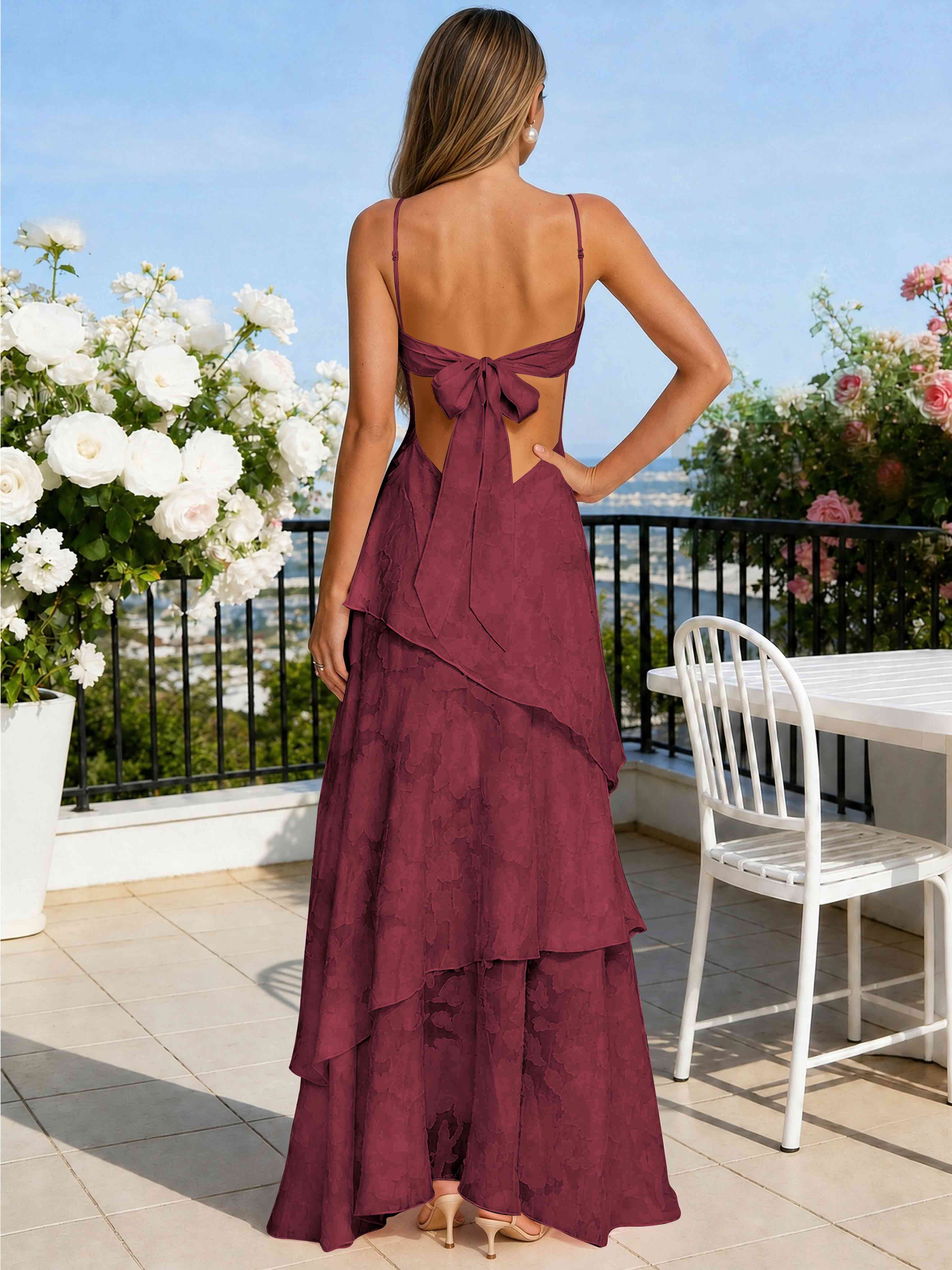 ROVDESY Spaghetti Strap V-Neck Chiffon Jacquard Tiered Ruffle Long Bridesmaid/Prom Dress
