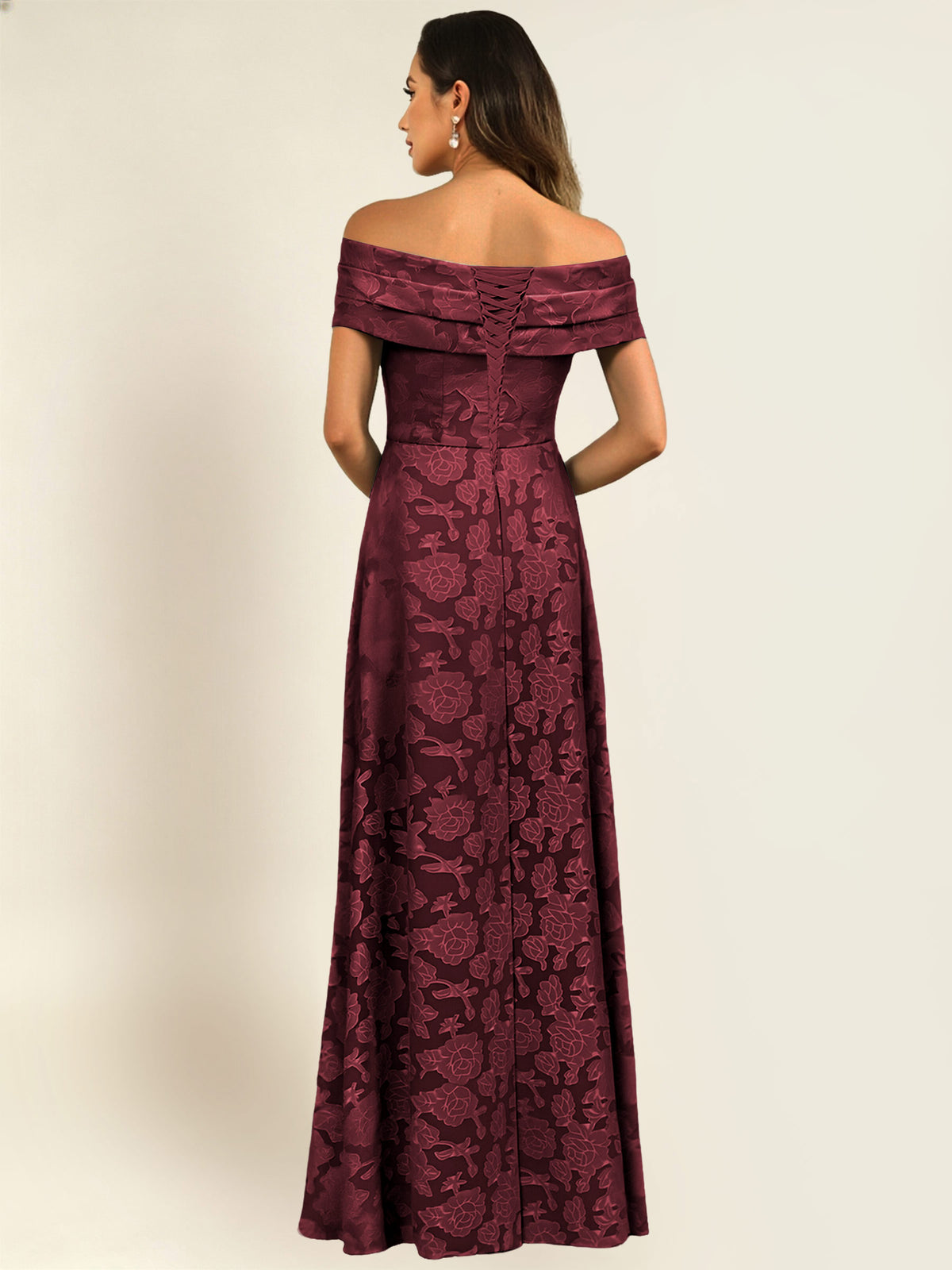 ROVDESY Off the Shoulder Floral Jacquard A-Line Long Mother of the Bride Dress