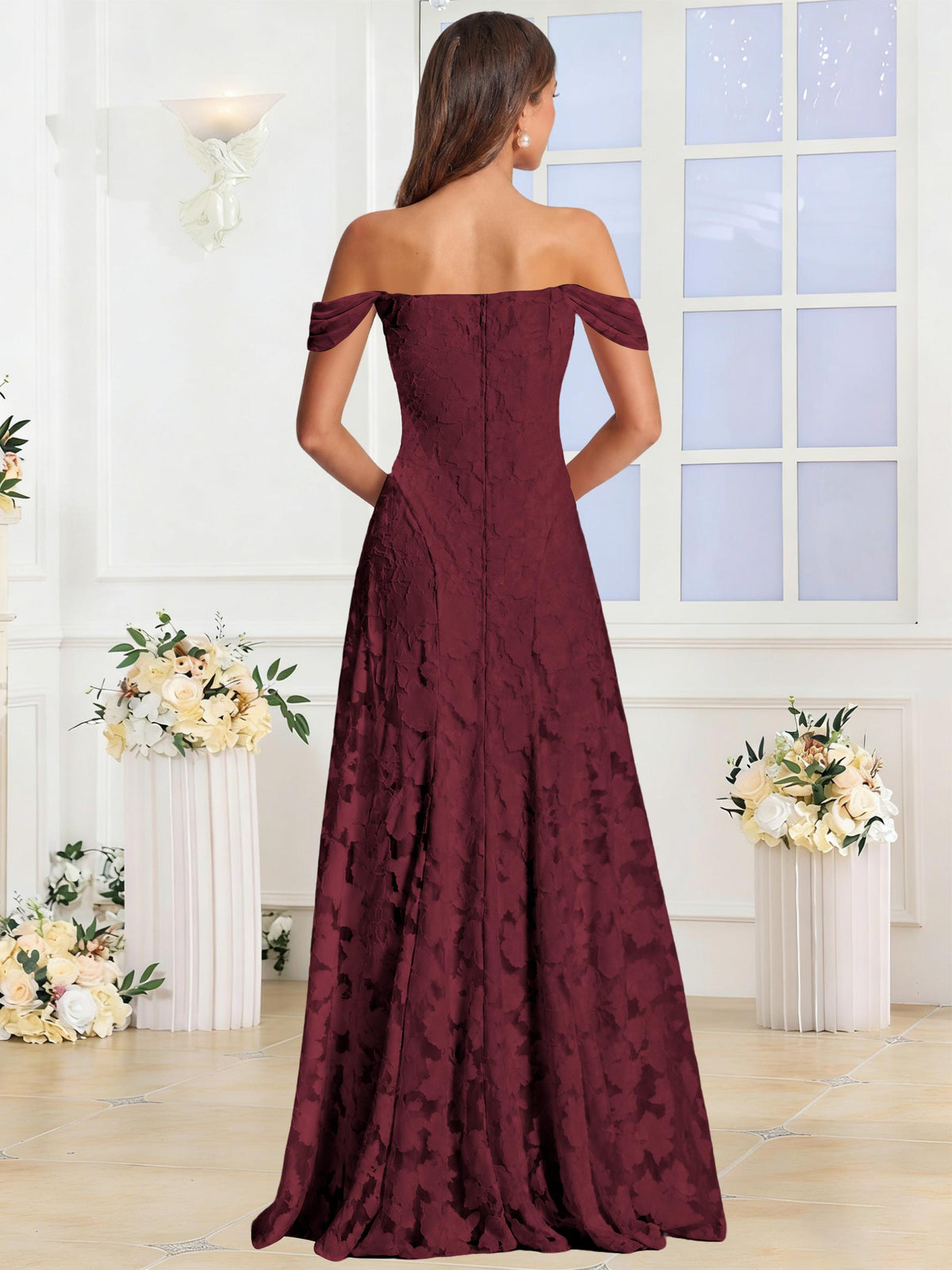 Off the Shoulder Floral Ruched A-line Bridesmaid Dress