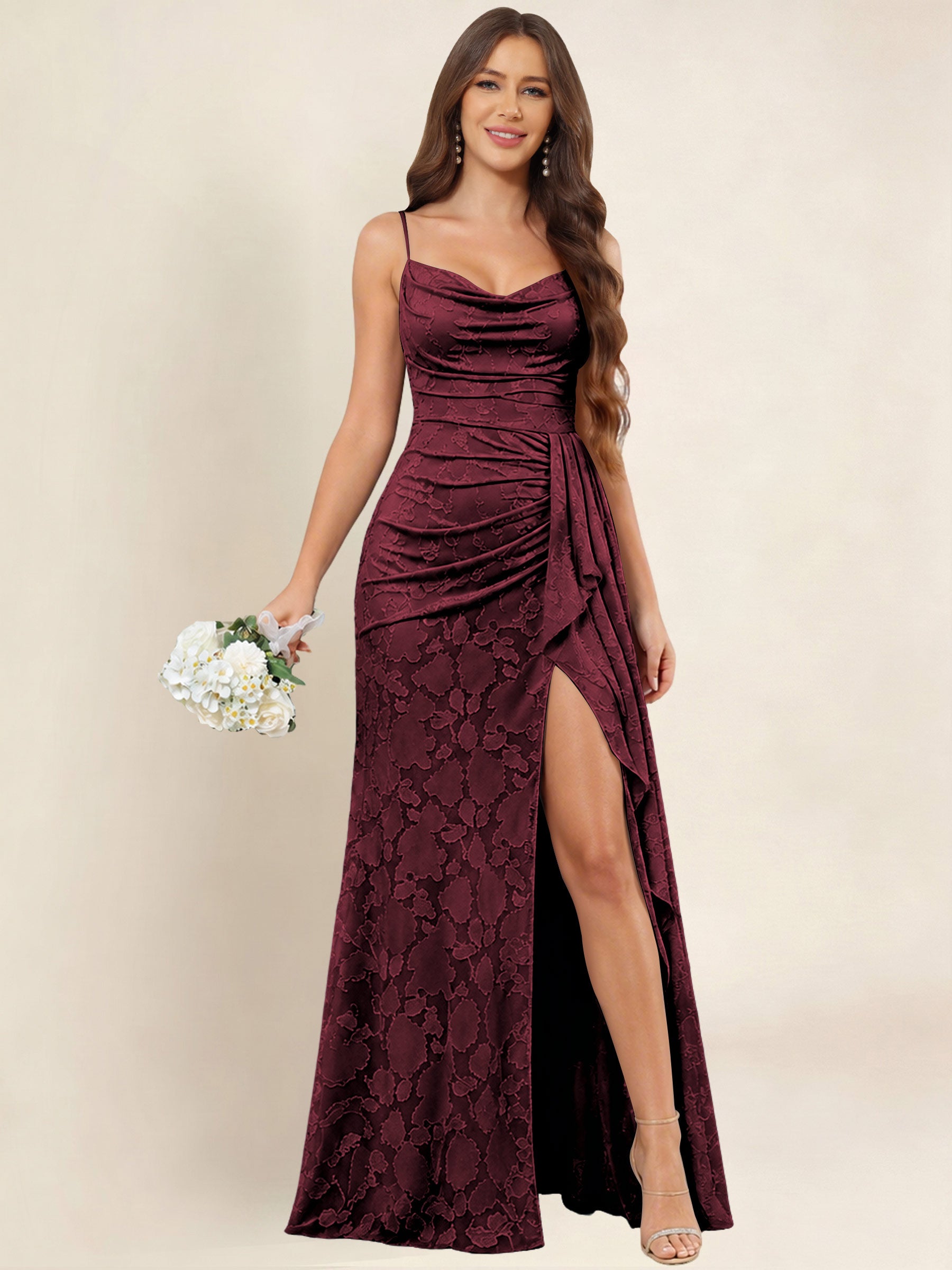ROVDESY  Cowl Neck Ruffle Mermaid Chiffon Jacquard Bridesmaid/Prom Dress With Slit