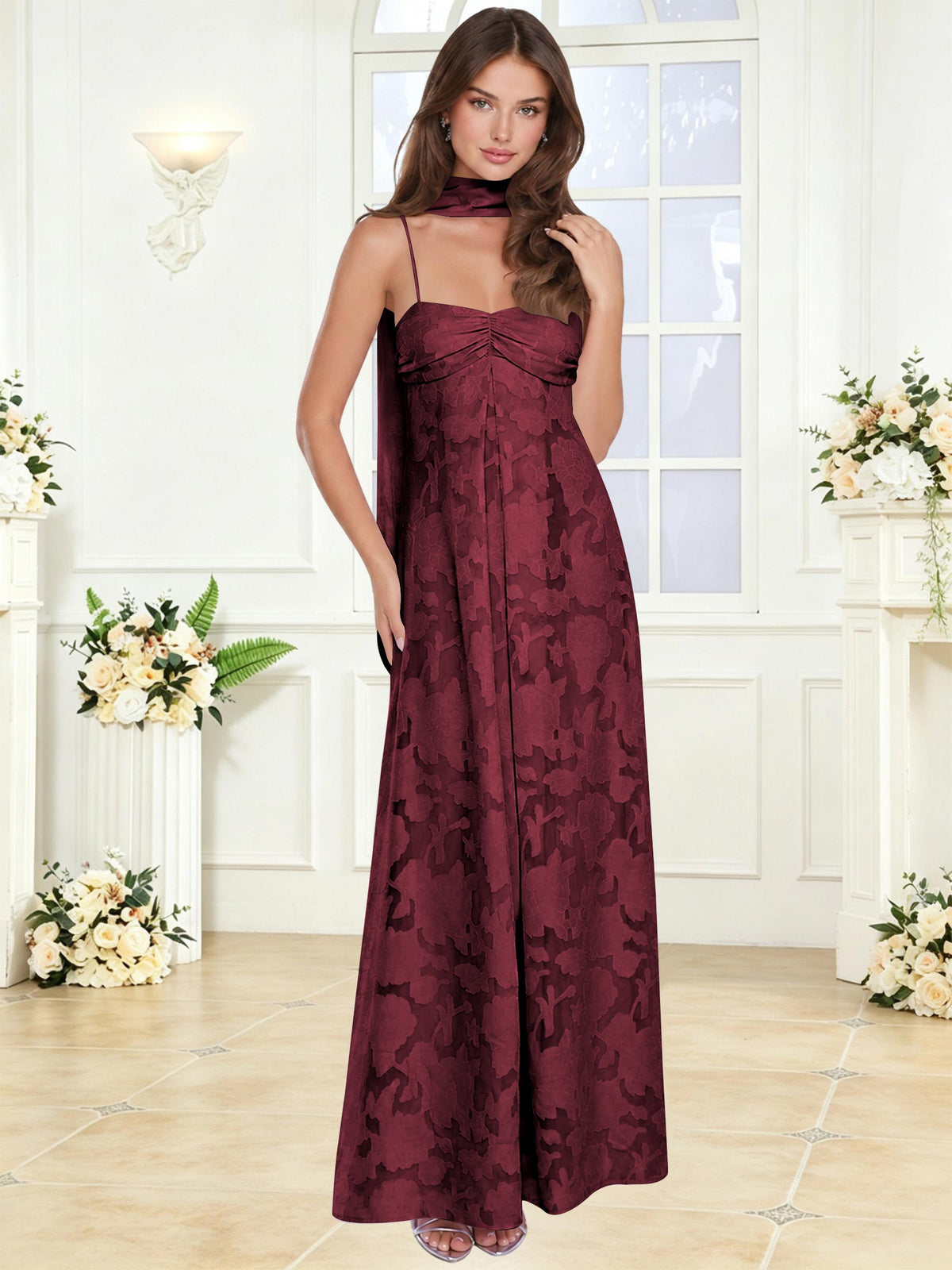 Spaghetti Strap Ruched Floral Jacquard A Line Bridesmaid Dress with Scarf