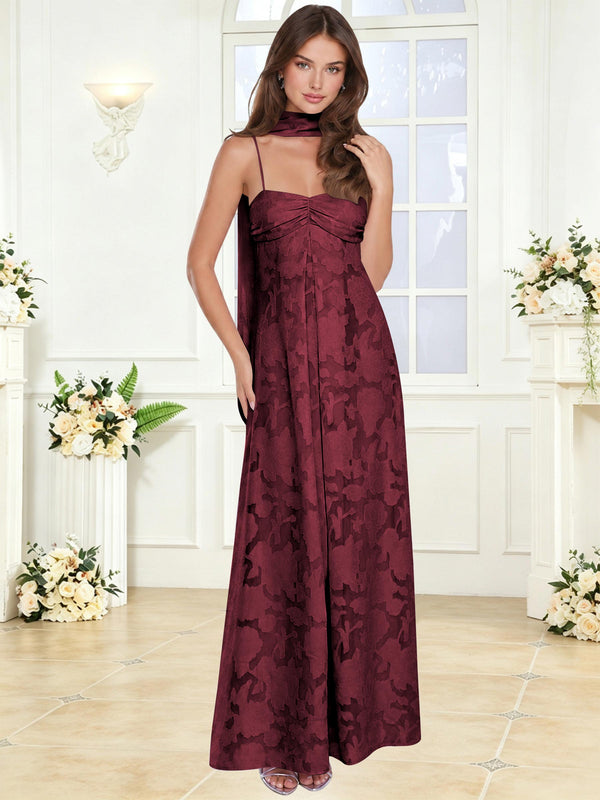 Spaghetti Strap Ruched Floral Jacquard A Line Bridesmaid Dress with Scarf