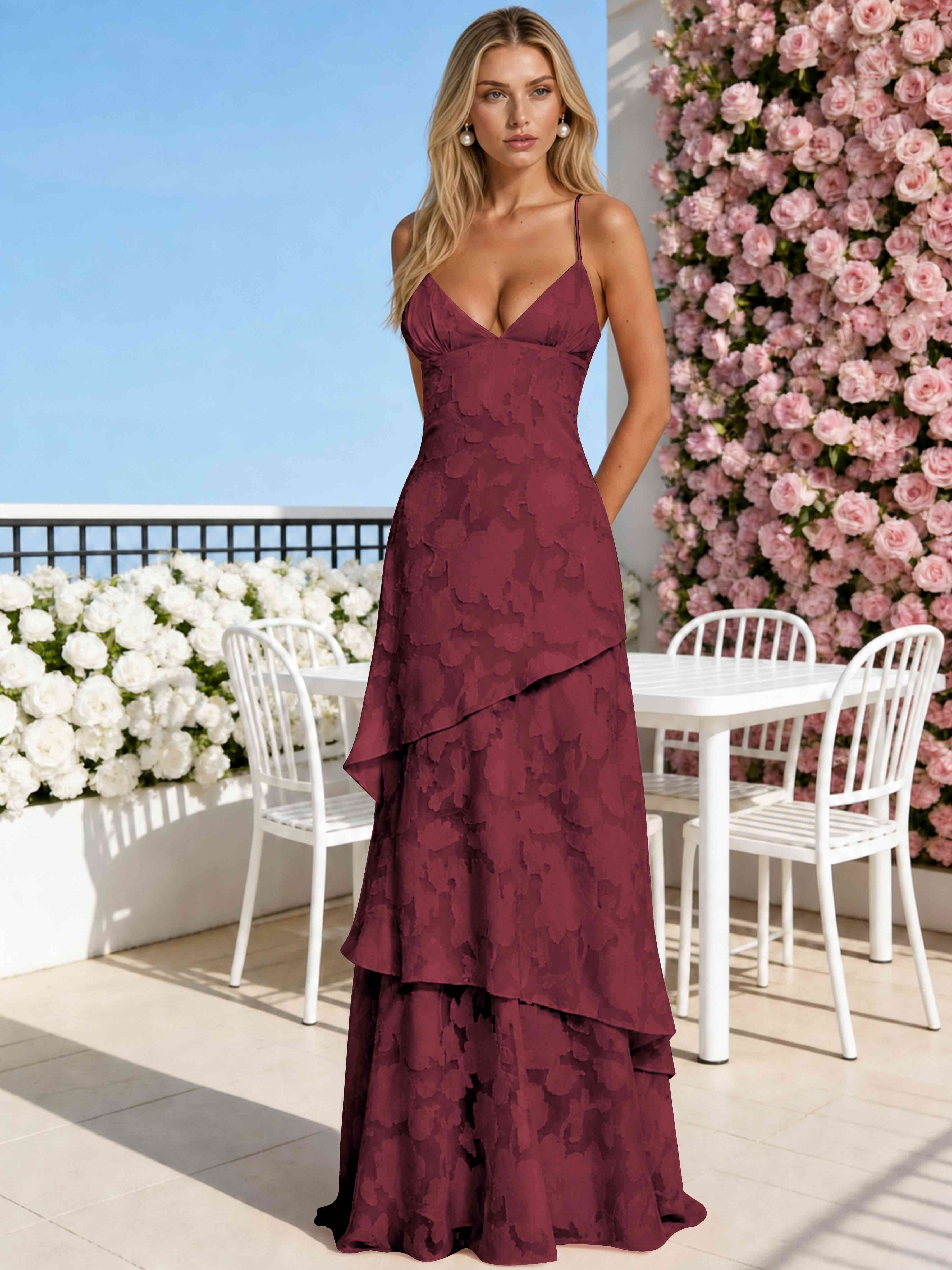 ROVDESY Spaghetti Strap V-Neck Chiffon Jacquard Tiered Ruffle Long Bridesmaid/Prom Dress
