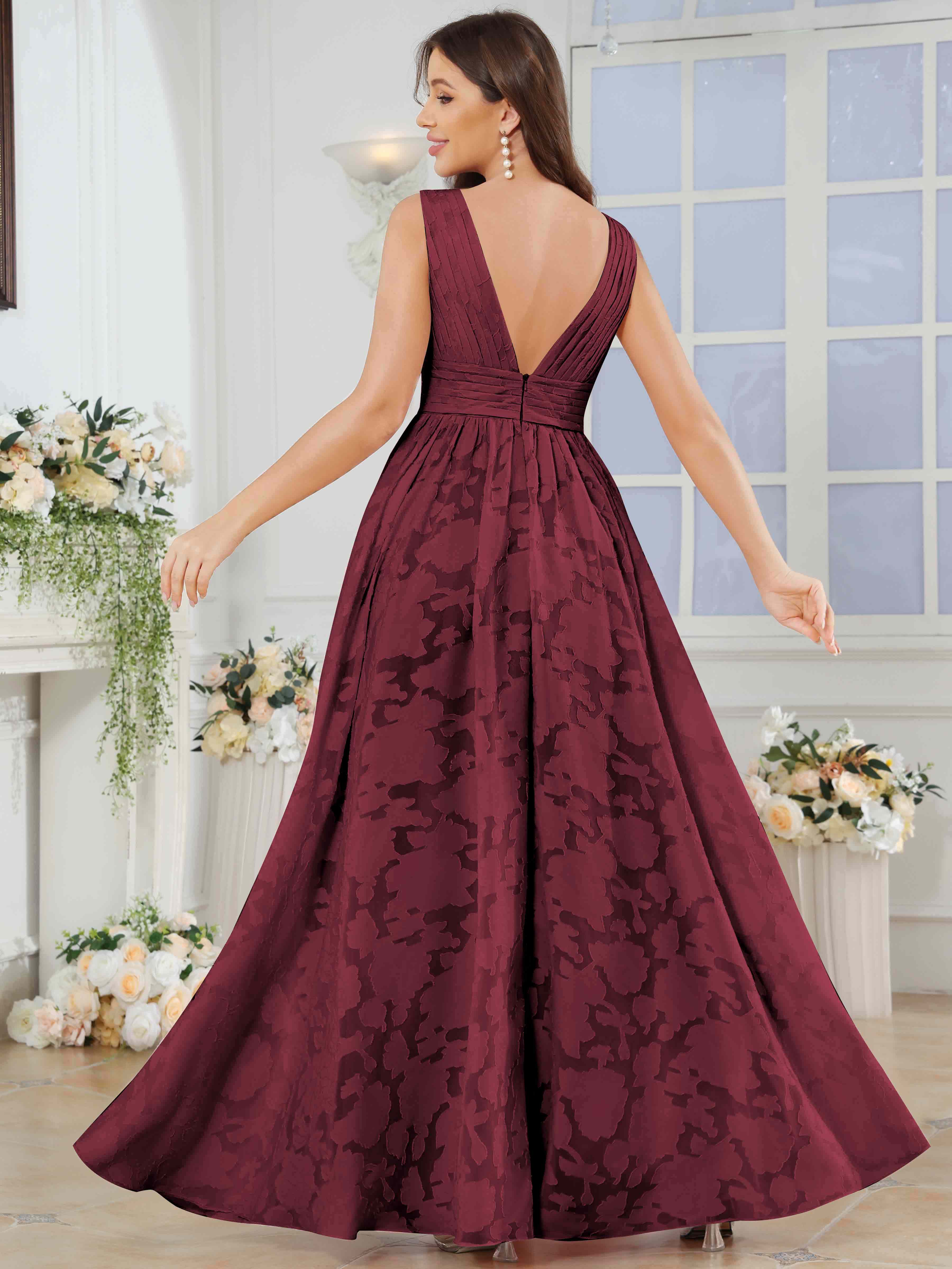 ROVDESY A-Line V-Neck Pleated Chiffon Jacquard Bridesmaid/Peom Dress With Slit