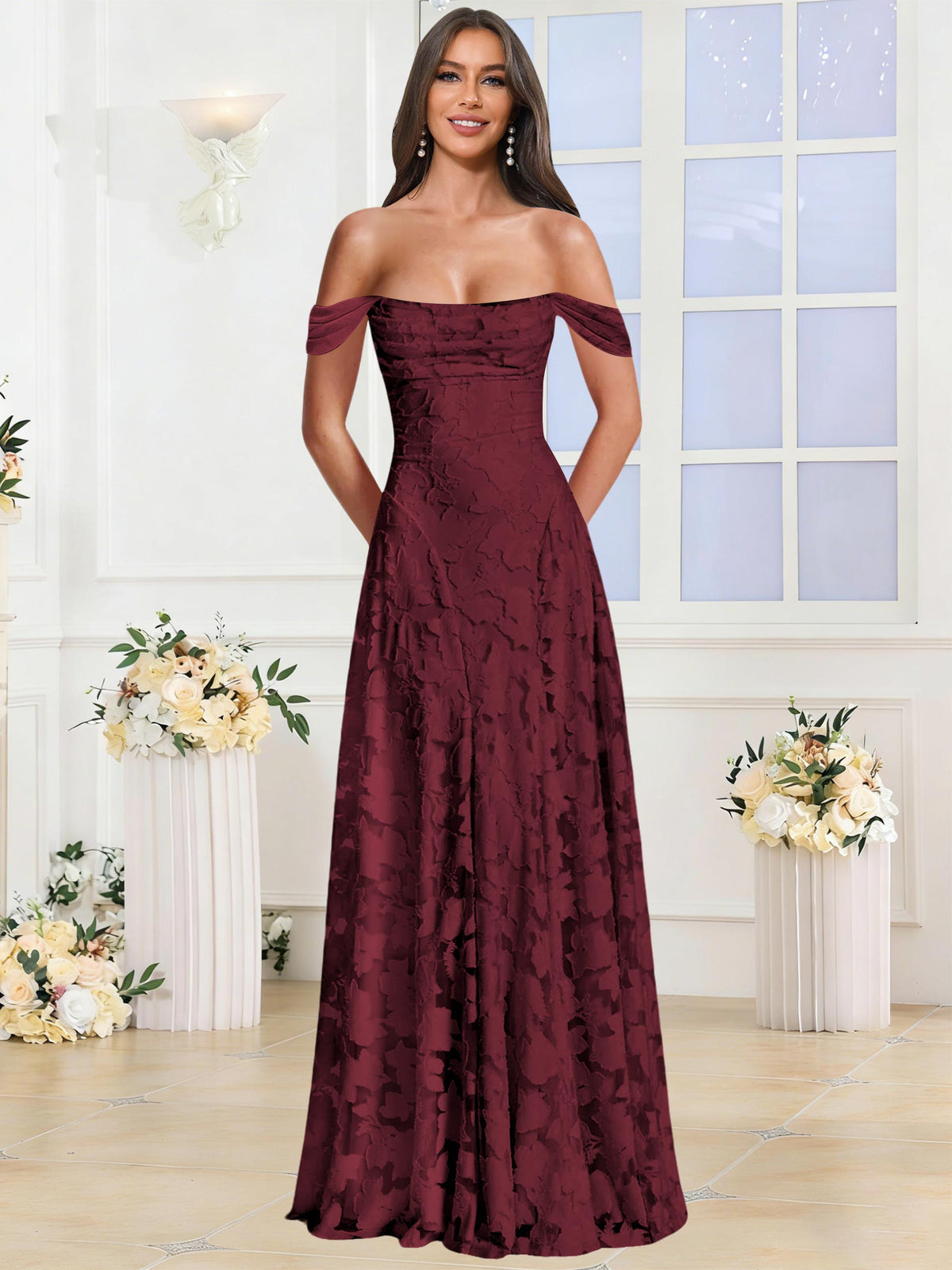 Off the Shoulder Floral Ruched A-line Bridesmaid Dress