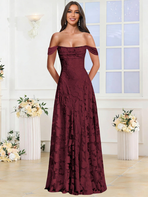 Off the Shoulder Floral Ruched A-line Bridesmaid Dress