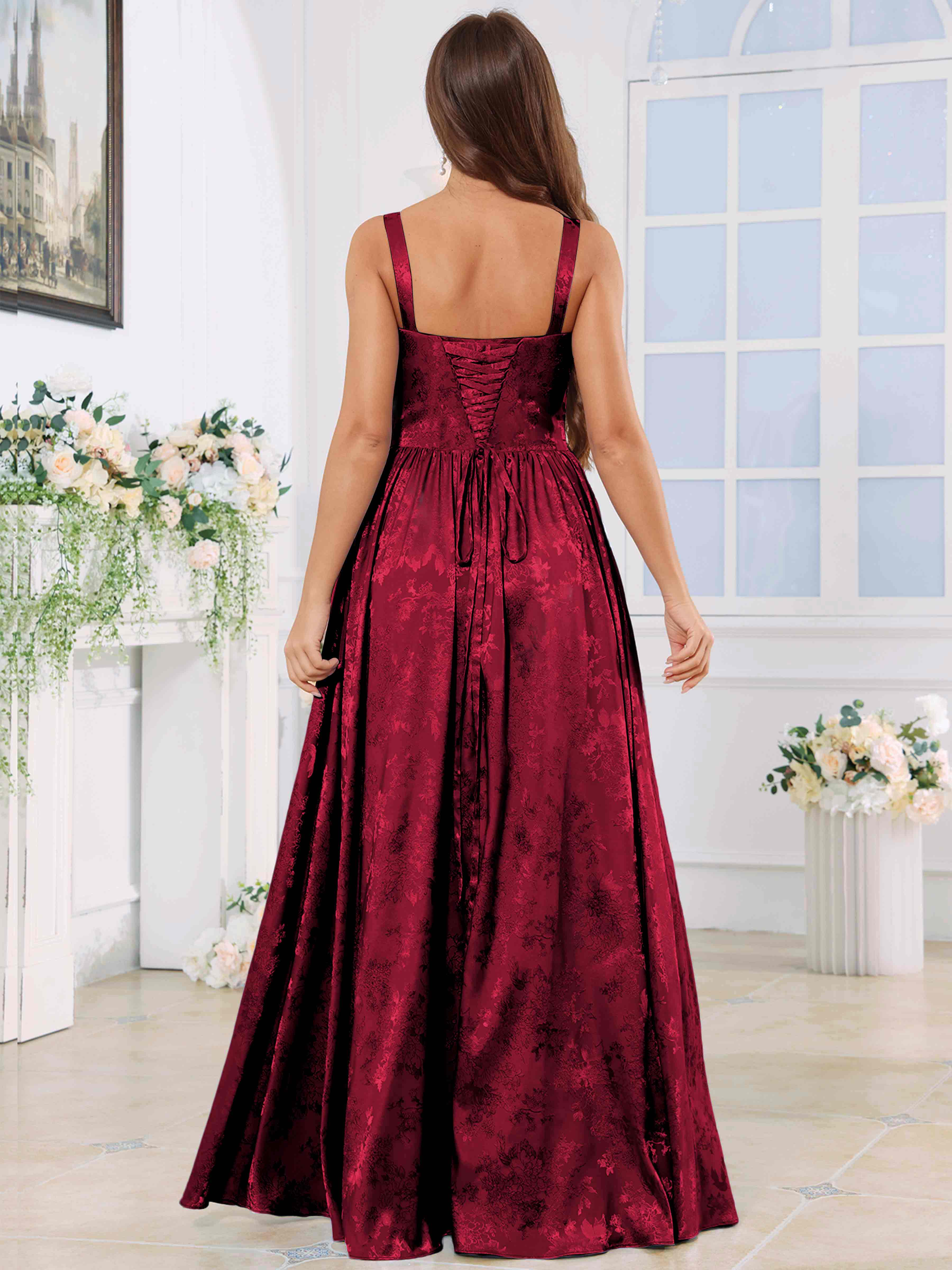 ROVDESY A-Line Spaghetti Straps Pleated Jacquard Satin Bridesmaid/Prom Dress With Slit
