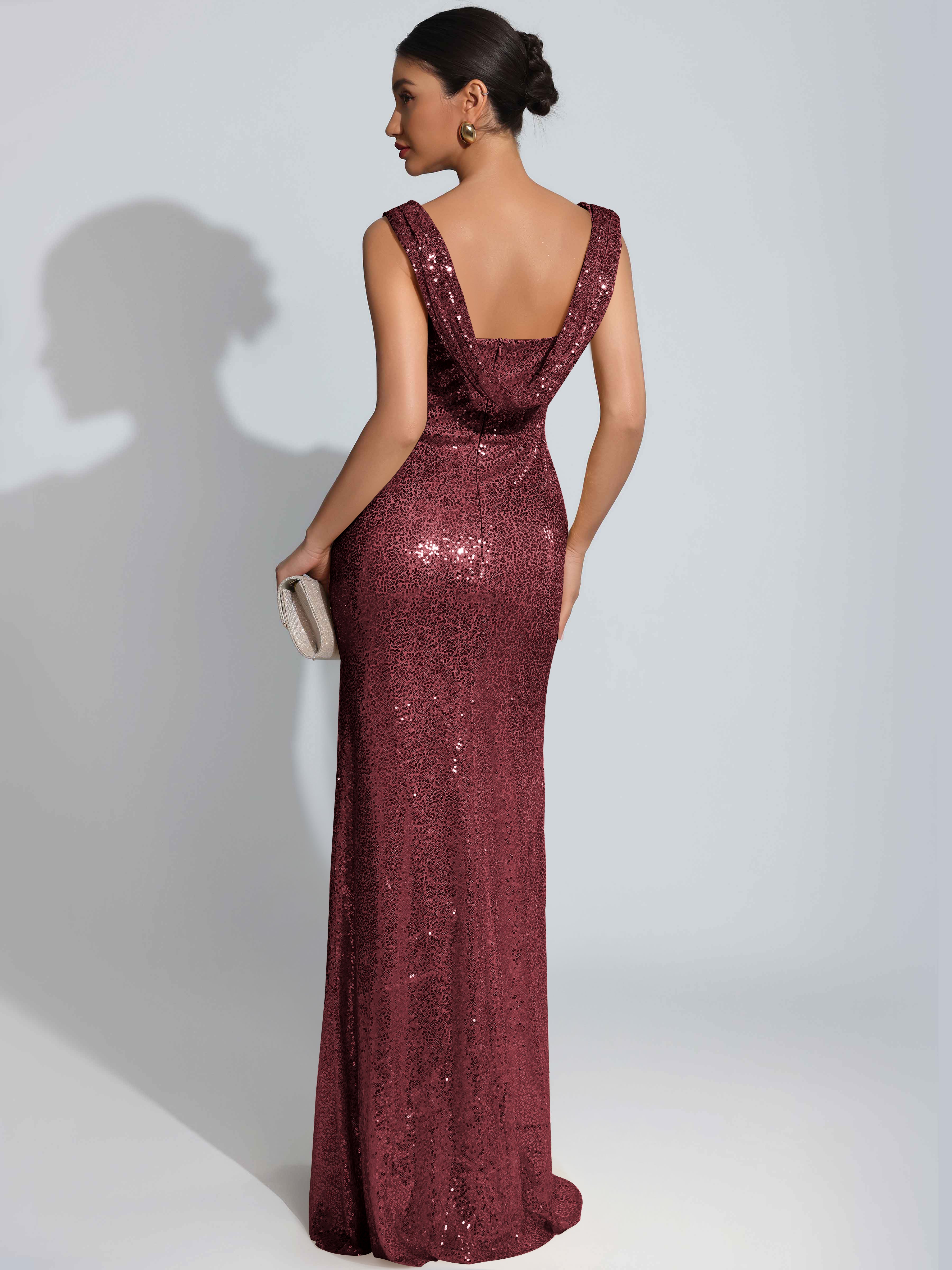 ROVDESY Sparkly Bateau Mermaid Ruched Sequin Long Prom Dress with Slit