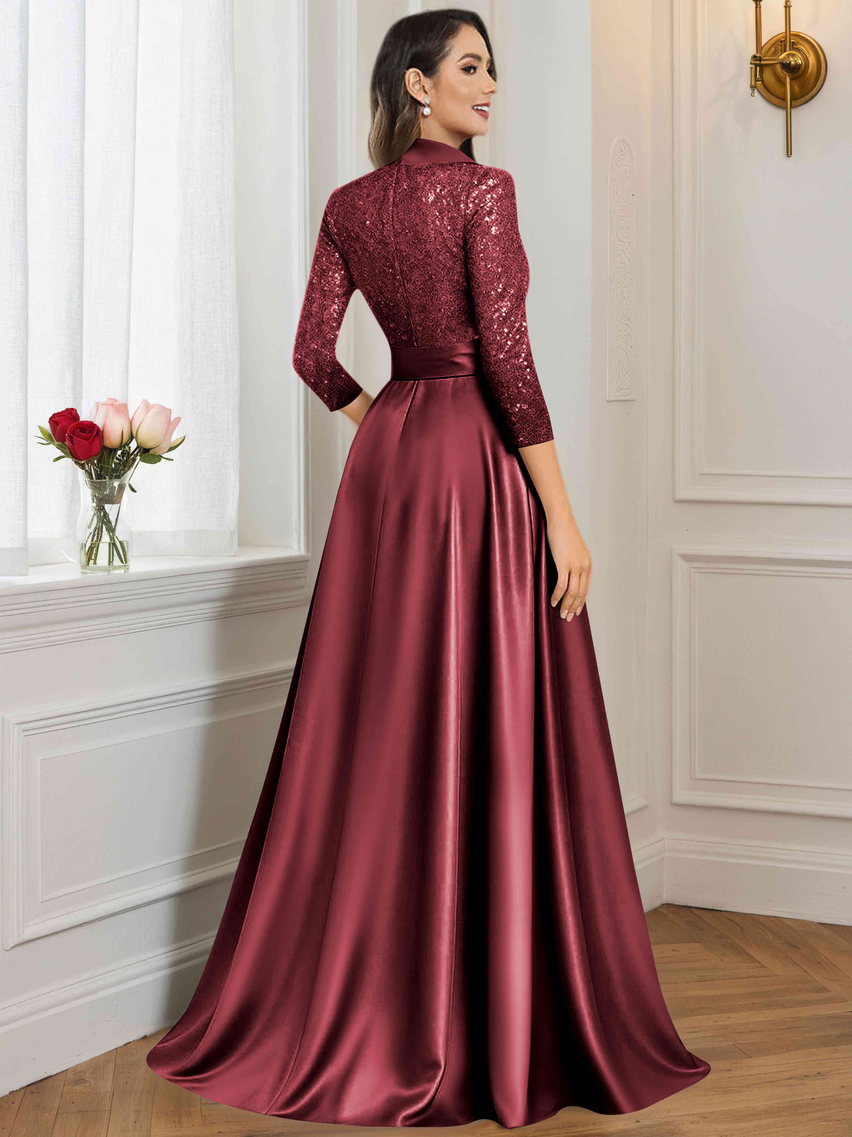 ROVDESY A-Line V Neck Sequin Satin  Long Mother of The Bride Dress Formal Gown With 3/4 Sleeves