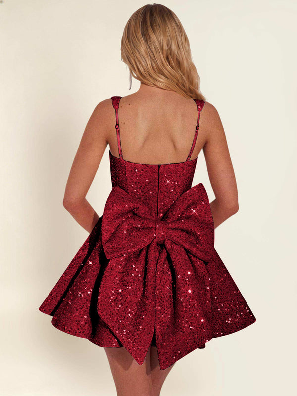 Sparkly Sequin A-Line Square Neck Homecoming Mini Dress With Big Bow