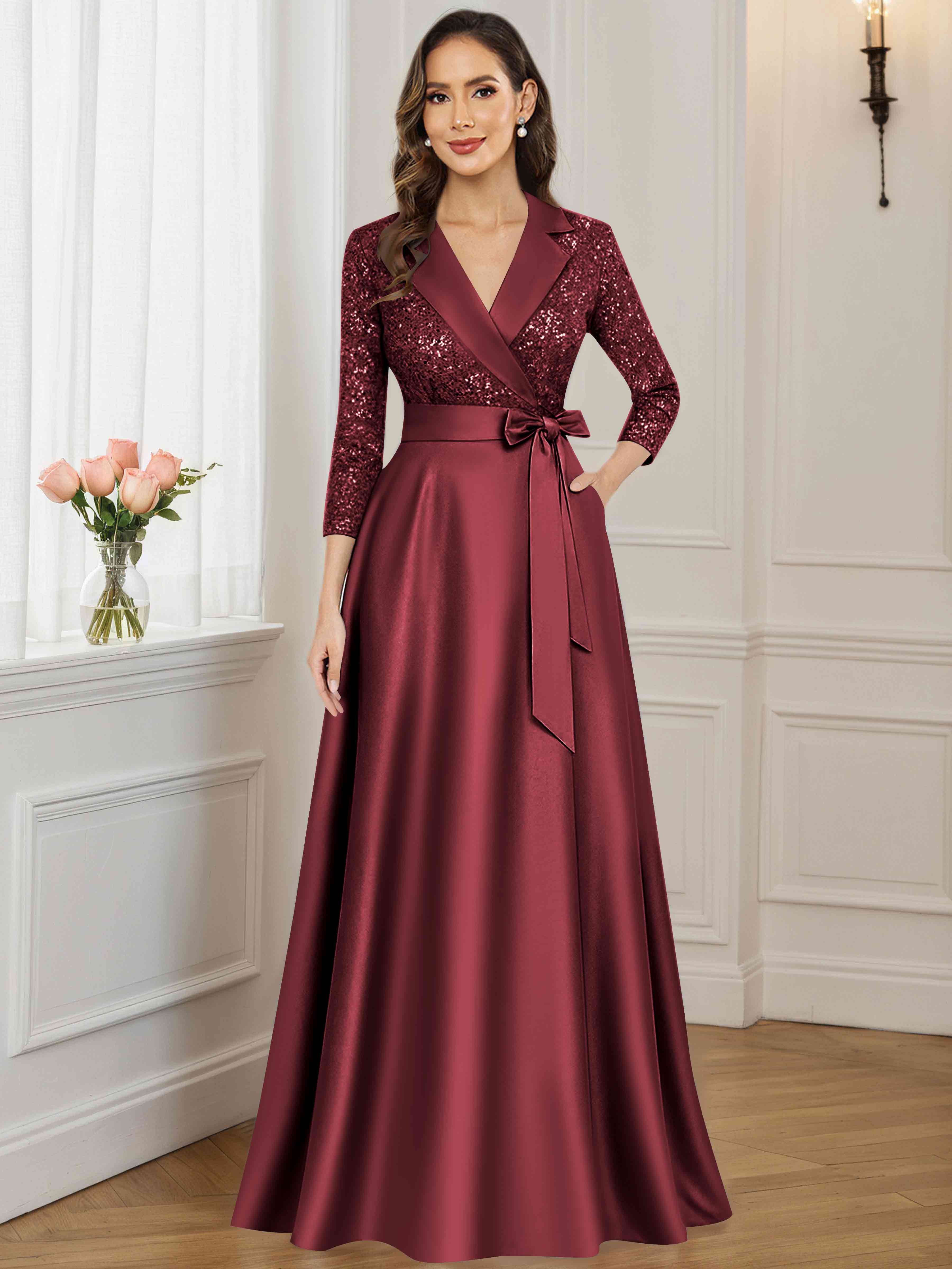 ROVDESY A-Line V Neck Sequin Satin  Long Mother of The Bride Dress Formal Gown With 3/4 Sleeves