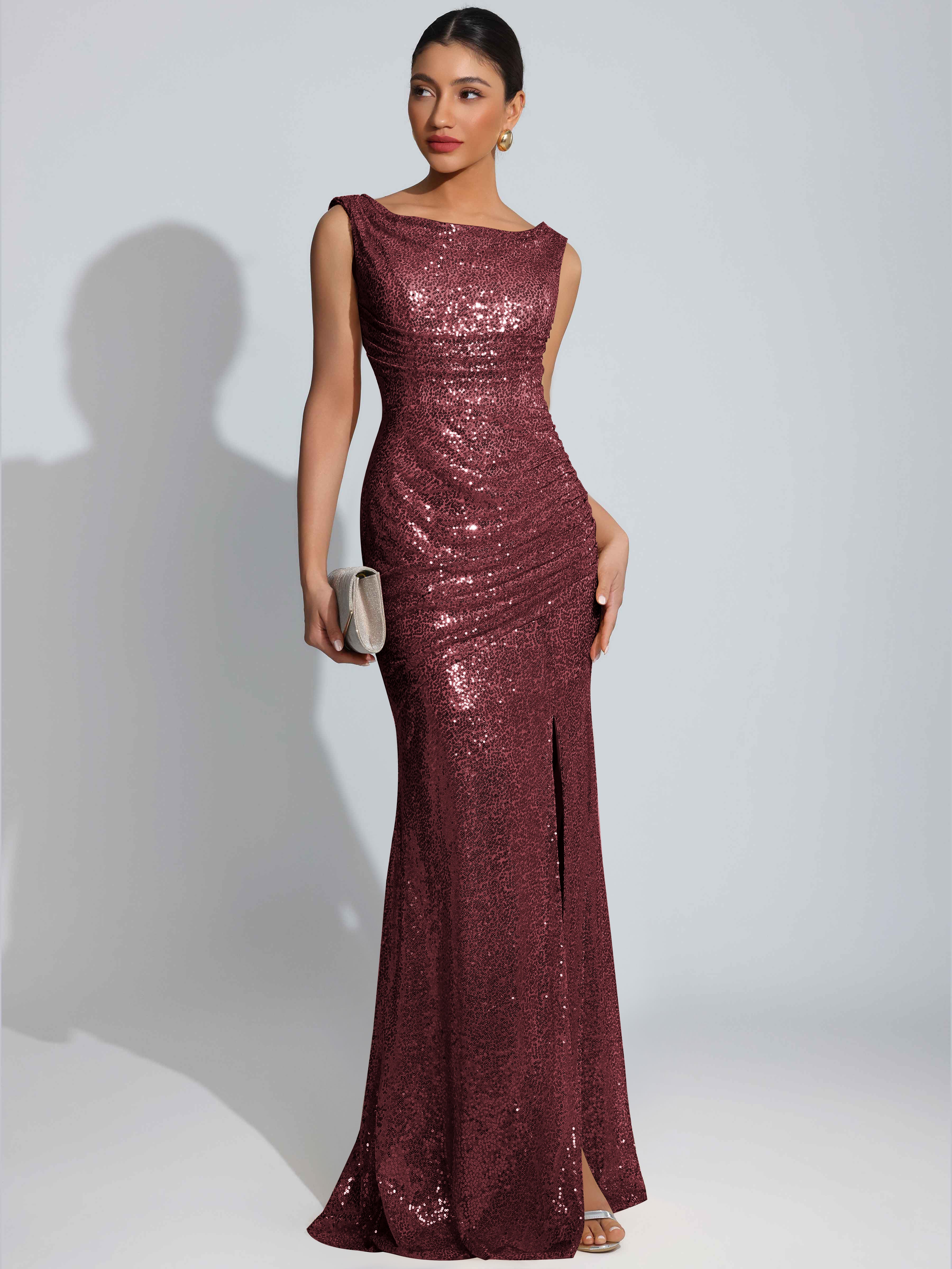 ROVDESY Sparkly Bateau Mermaid Ruched Sequin Long Prom Dress with Slit