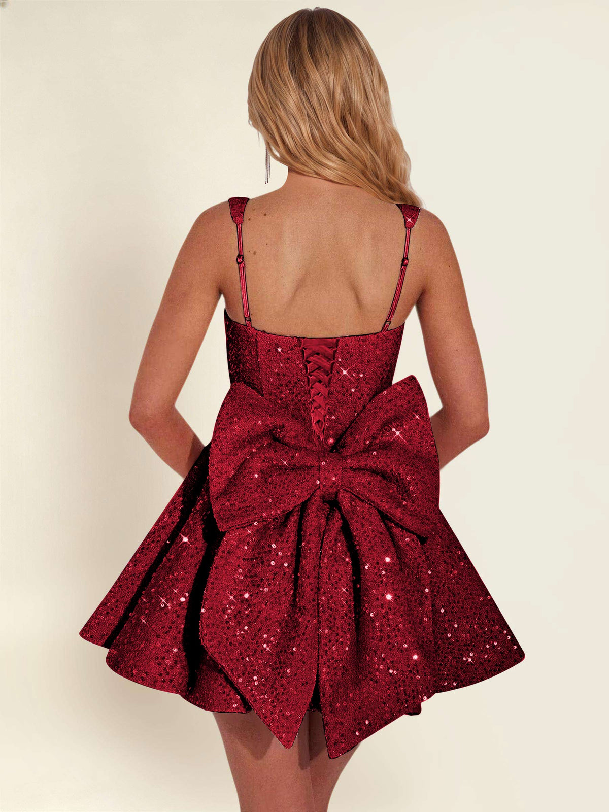 ROVDESY Sparkly Sequin A-Line Square Neck Homecoming Mini Dress With Big Bow
