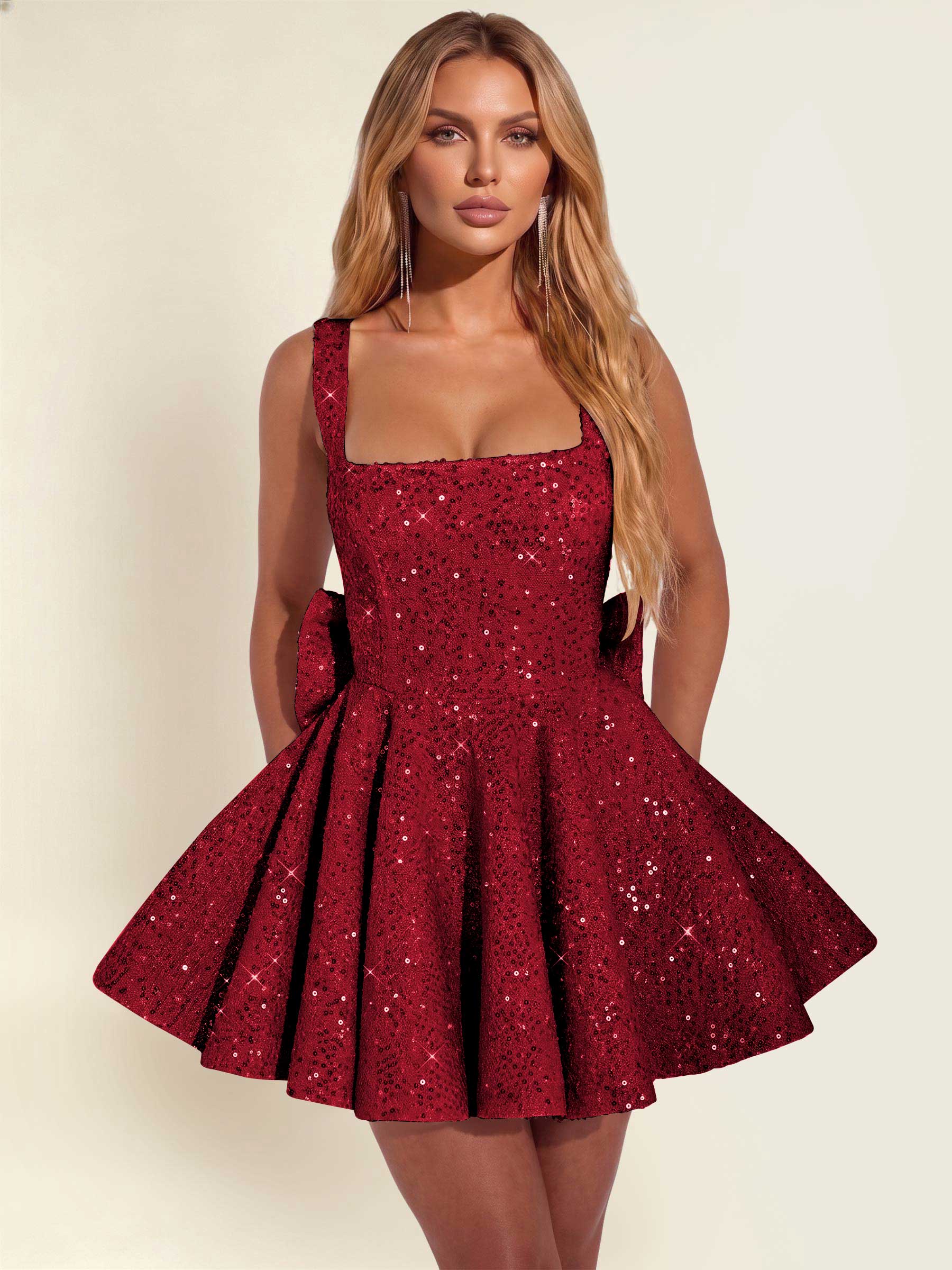 ROVDESY Sparkly Sequin A-Line Square Neck Homecoming Mini Dress With Big Bow