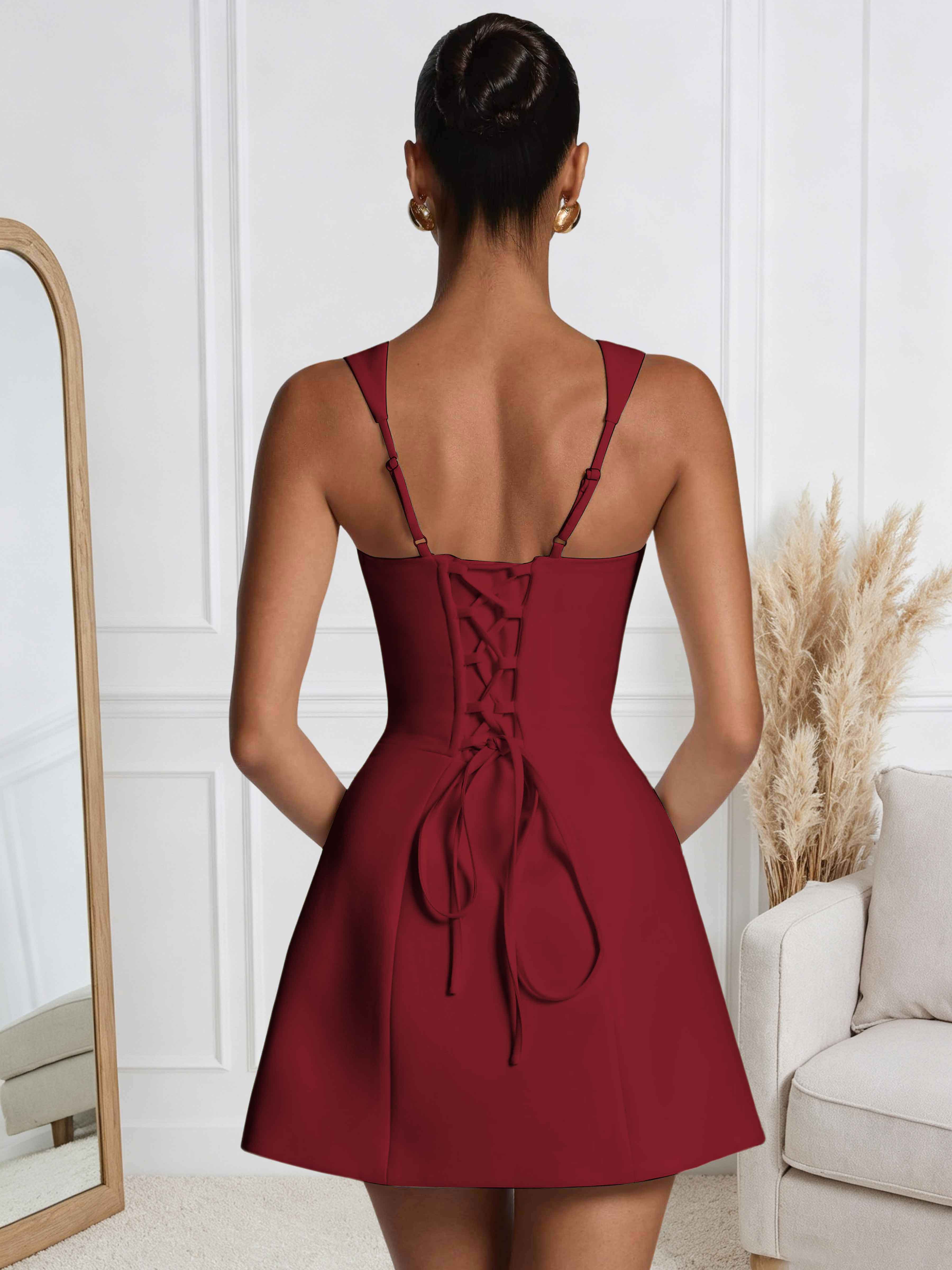 ROVDESY A-Line Square Neck Satin Homecoming Mini Dress