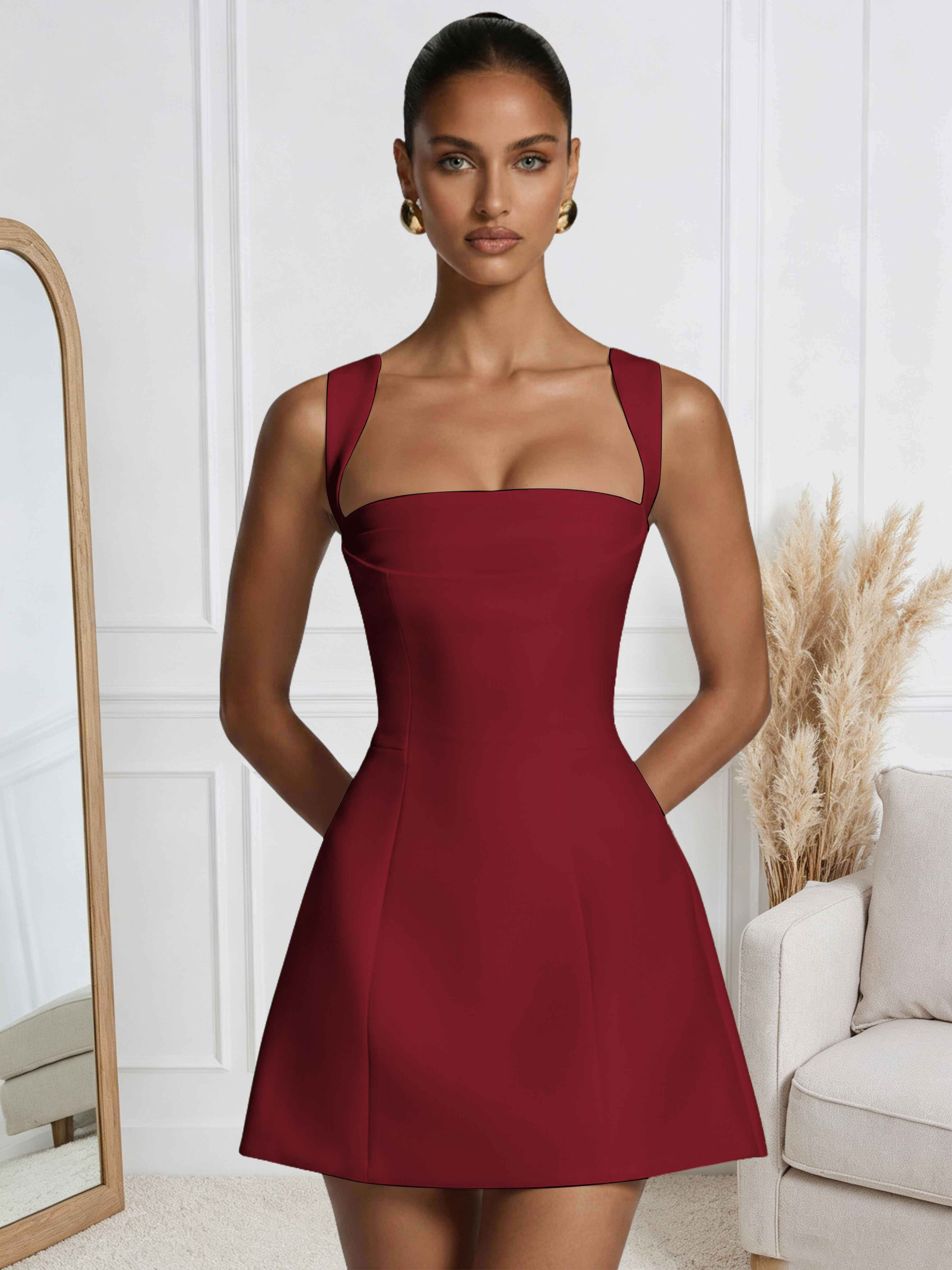 ROVDESY A-Line Square Neck Satin Homecoming Mini Dress