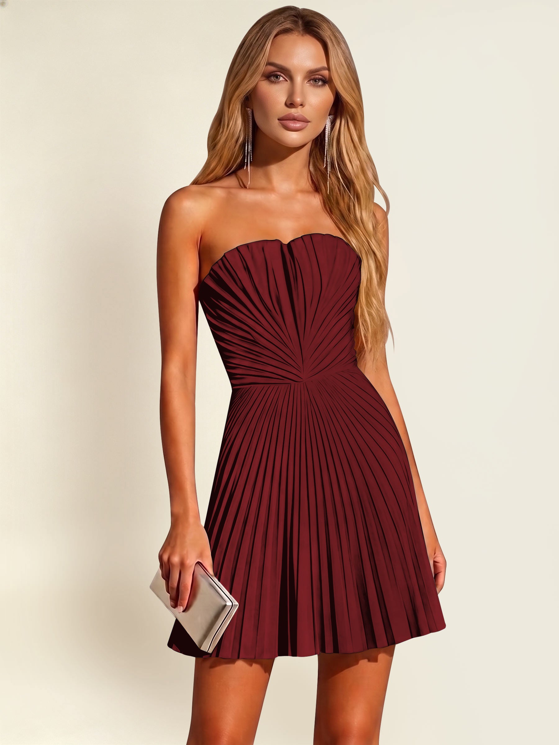 ROVDESY A-Line Strapless Pleated Satin Homecoming Mini Dress