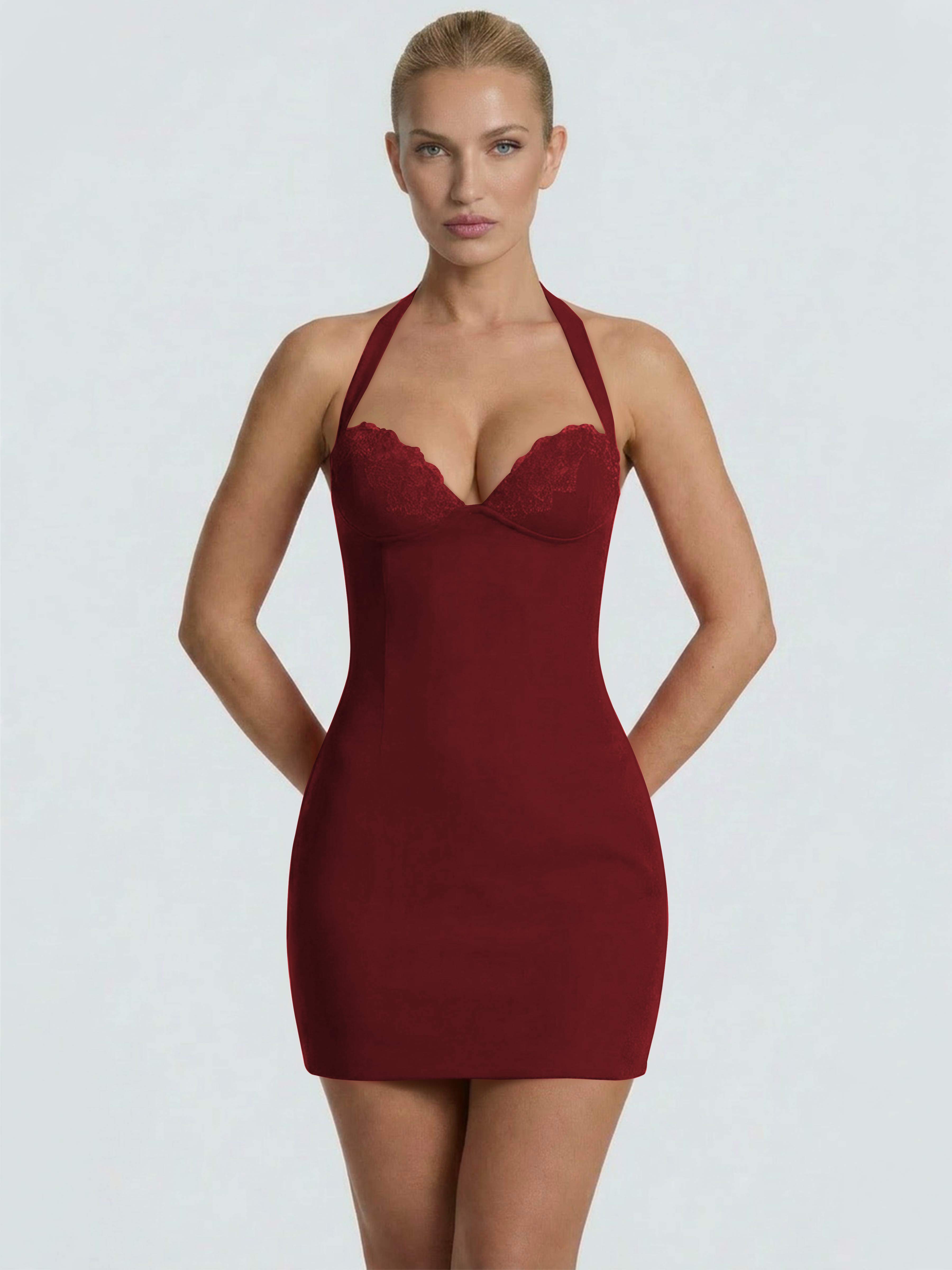 ROVDESY Halter Lace Satin Tight Homecoming Mini Dress