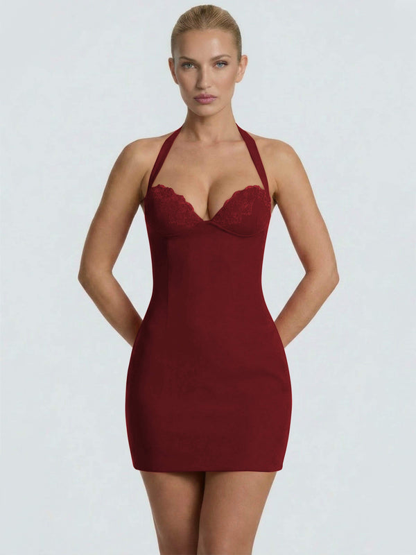 Halter Lace Satin Tight Homecoming Mini Dress