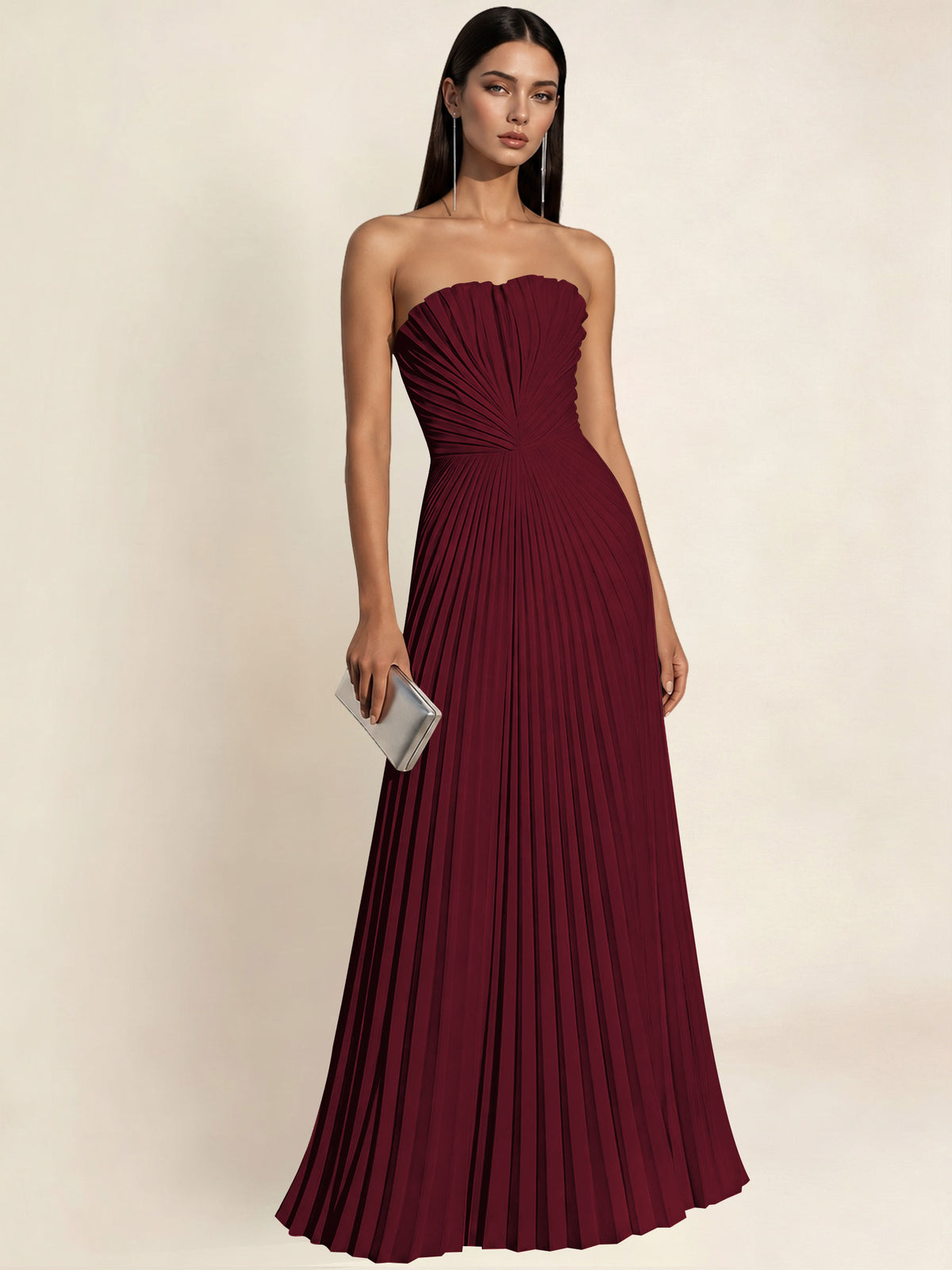 Strapless Satin Pleated A Line Bridesmaid Prom Dress