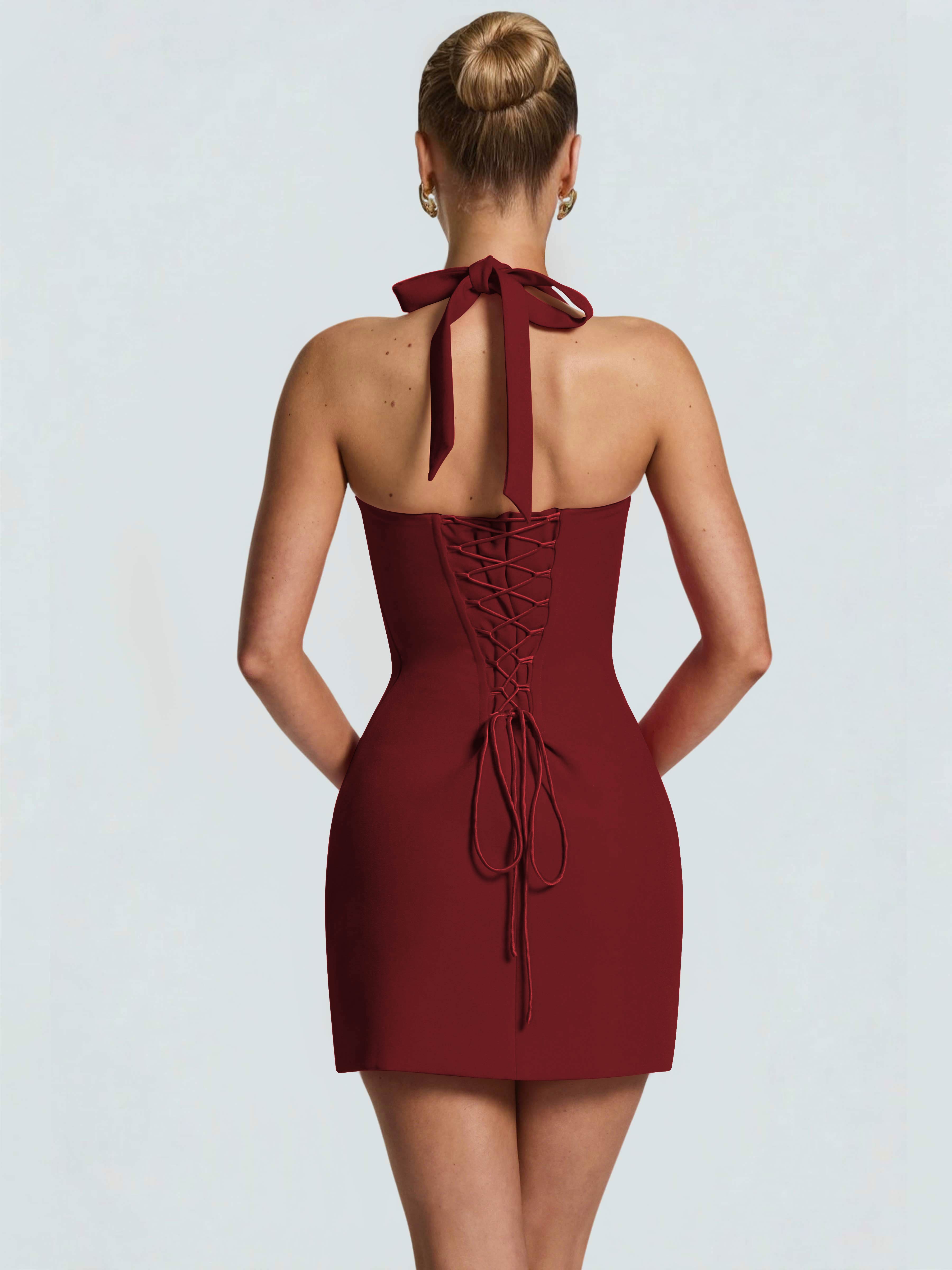 ROVDESY Halter Lace Satin Tight Homecoming Mini Dress