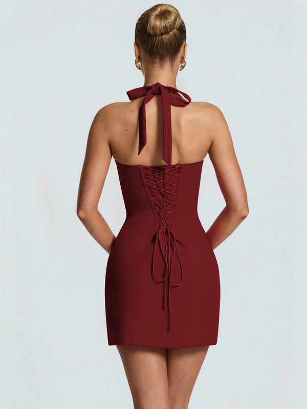 Halter Lace Satin Tight Homecoming Mini Dress