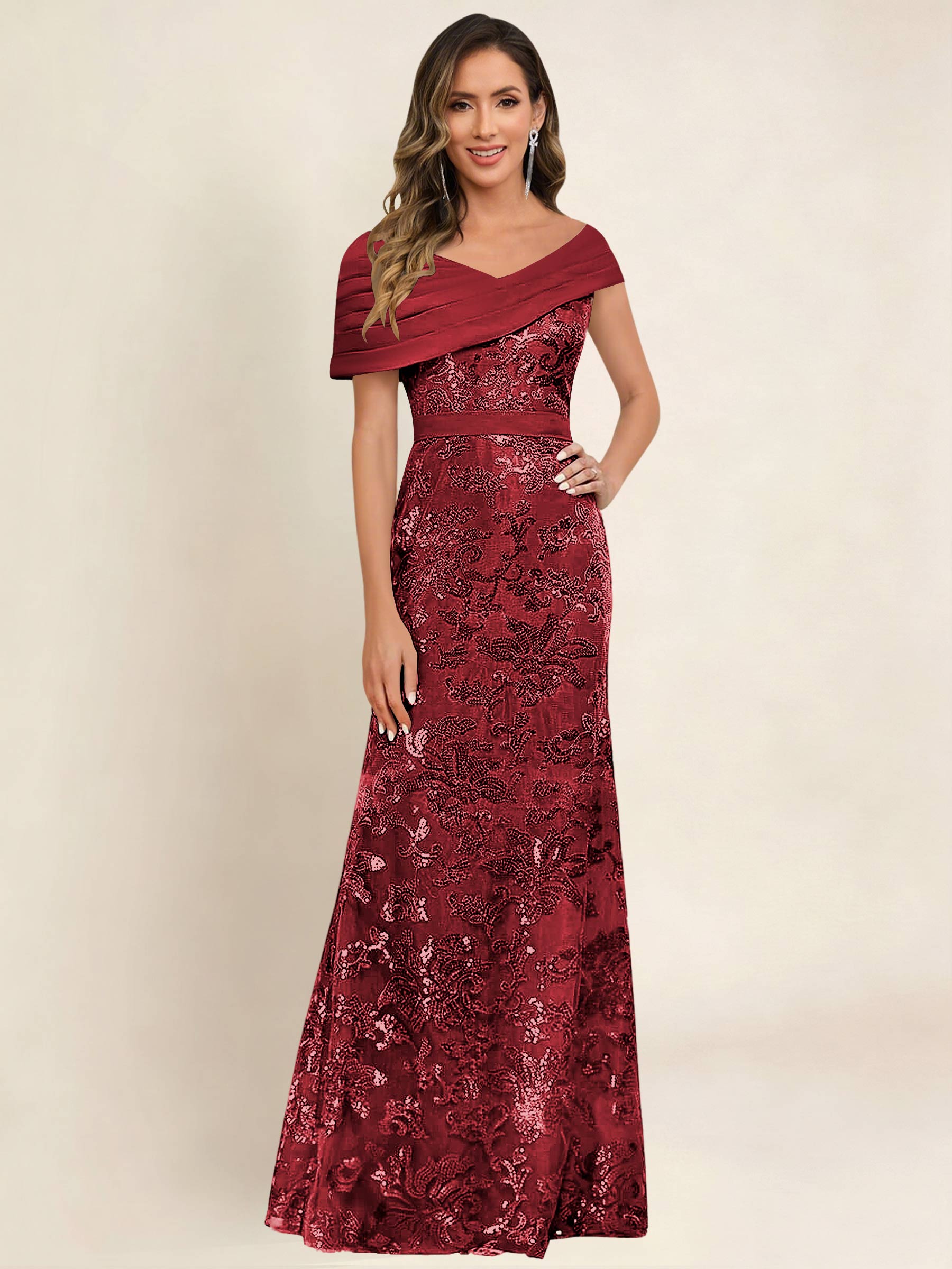ROVDESY Off the Shoulder Sequin Mermaid Long Mother Of The Bride Dress Formal Gown