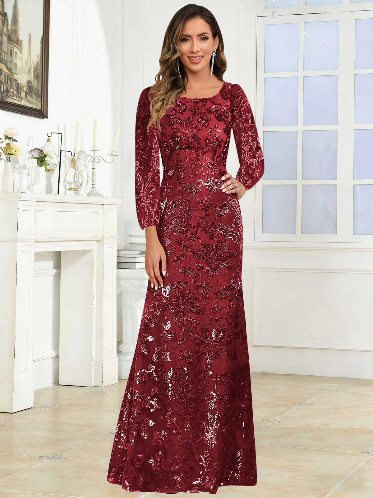 Crew Neck Sequin Lace Long Sleeve Mother of the Bride Dress