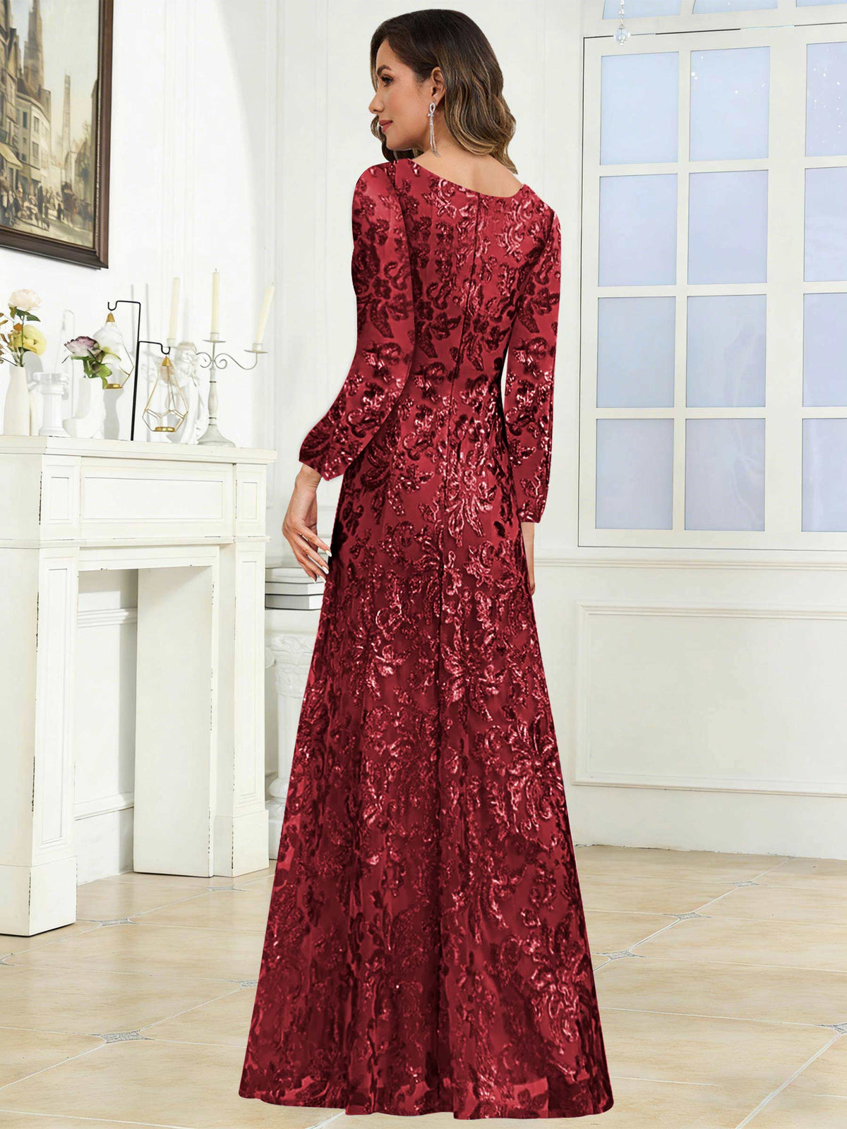 Crew Neck Sequin Lace Long Sleeve Mother of the Bride Dress