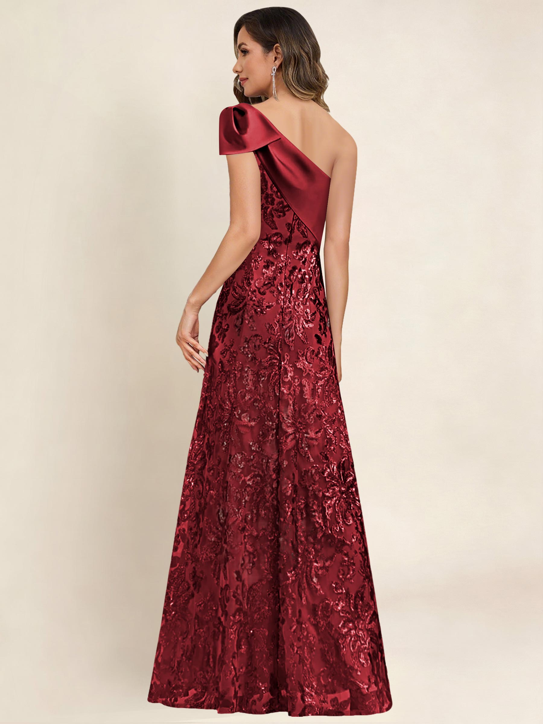ROVDESY One Shoulder Sequin Mermaid Long Mother Of The Bride Dress Formal Gown With Bow