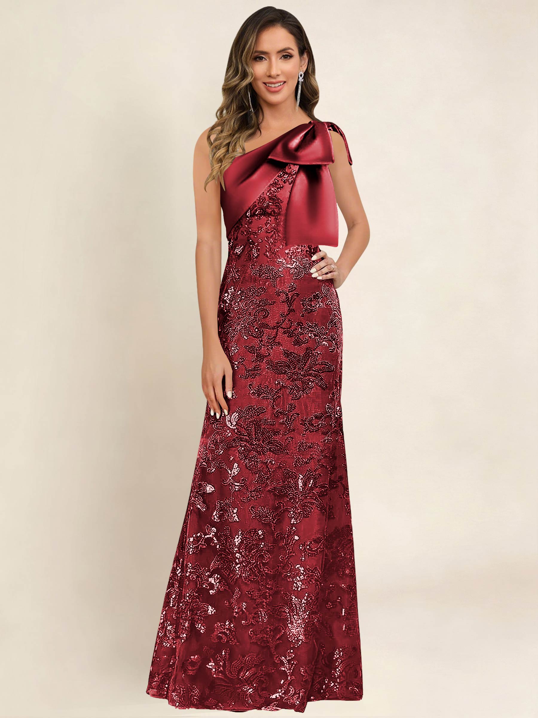 ROVDESY One Shoulder Sequin Mermaid Long Mother Of The Bride Dress Formal Gown With Bow